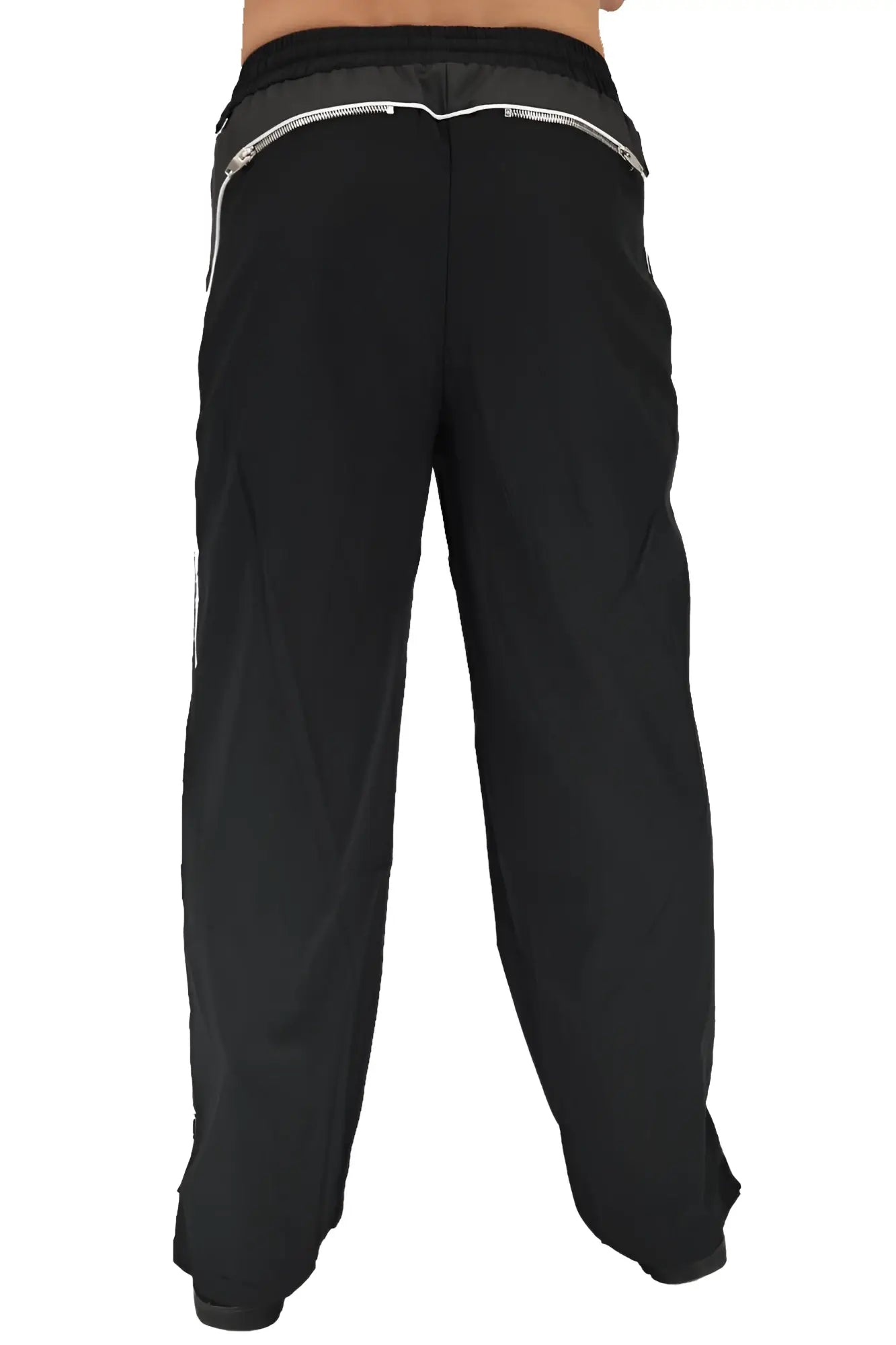 Black NSA track pants with contrasting gray waistband and white piping along the seams for athletic wear