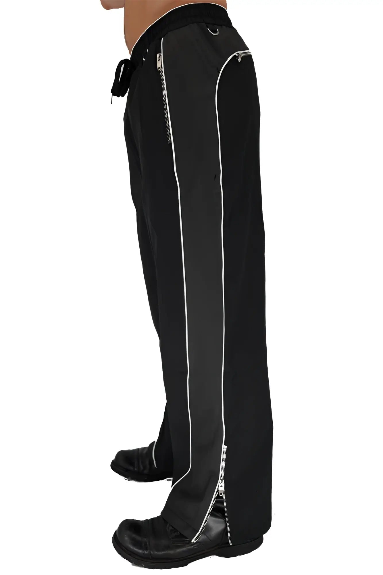 Black nsa track pants with white zipper accents and drawstring waistband designed for athletic wear
