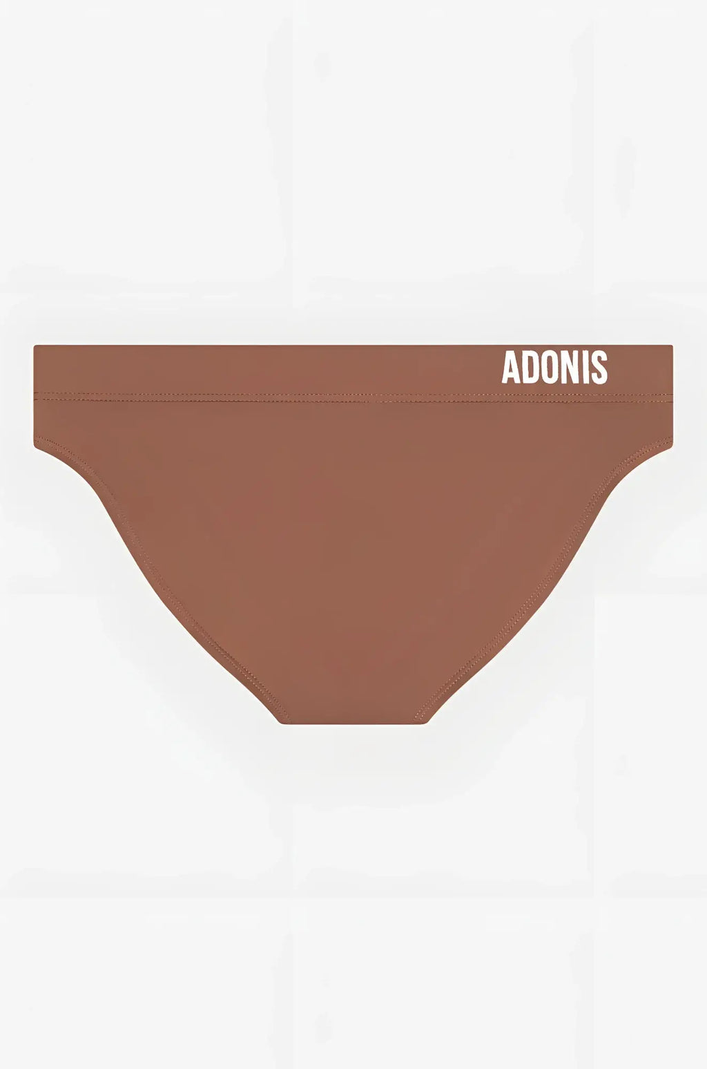 Brown adonis nude swim brief in brown with a white logo waistband, made of comfortable swim material