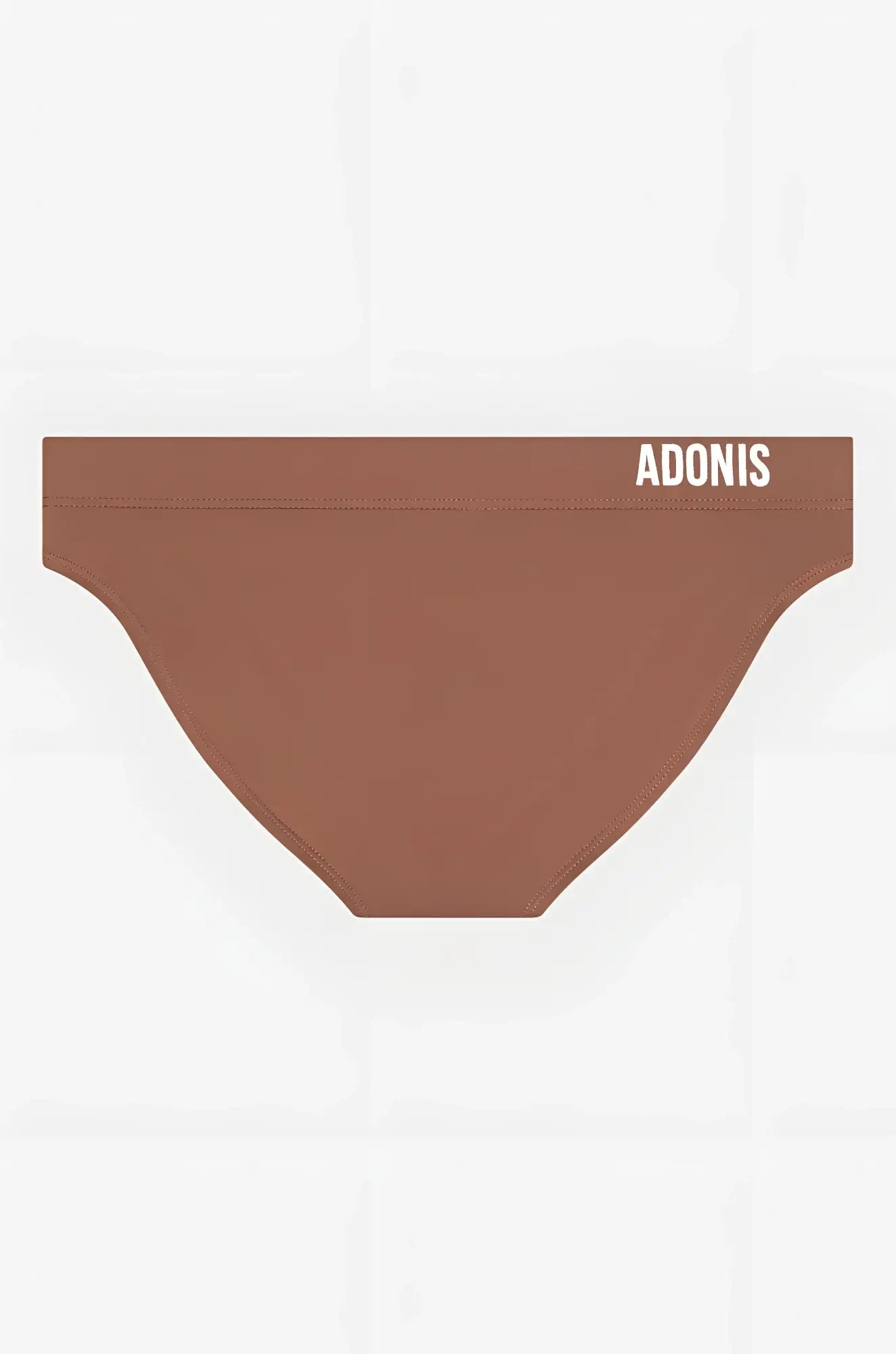 Brown adonis nude swim brief in brown with a white logo waistband, made of comfortable swim material