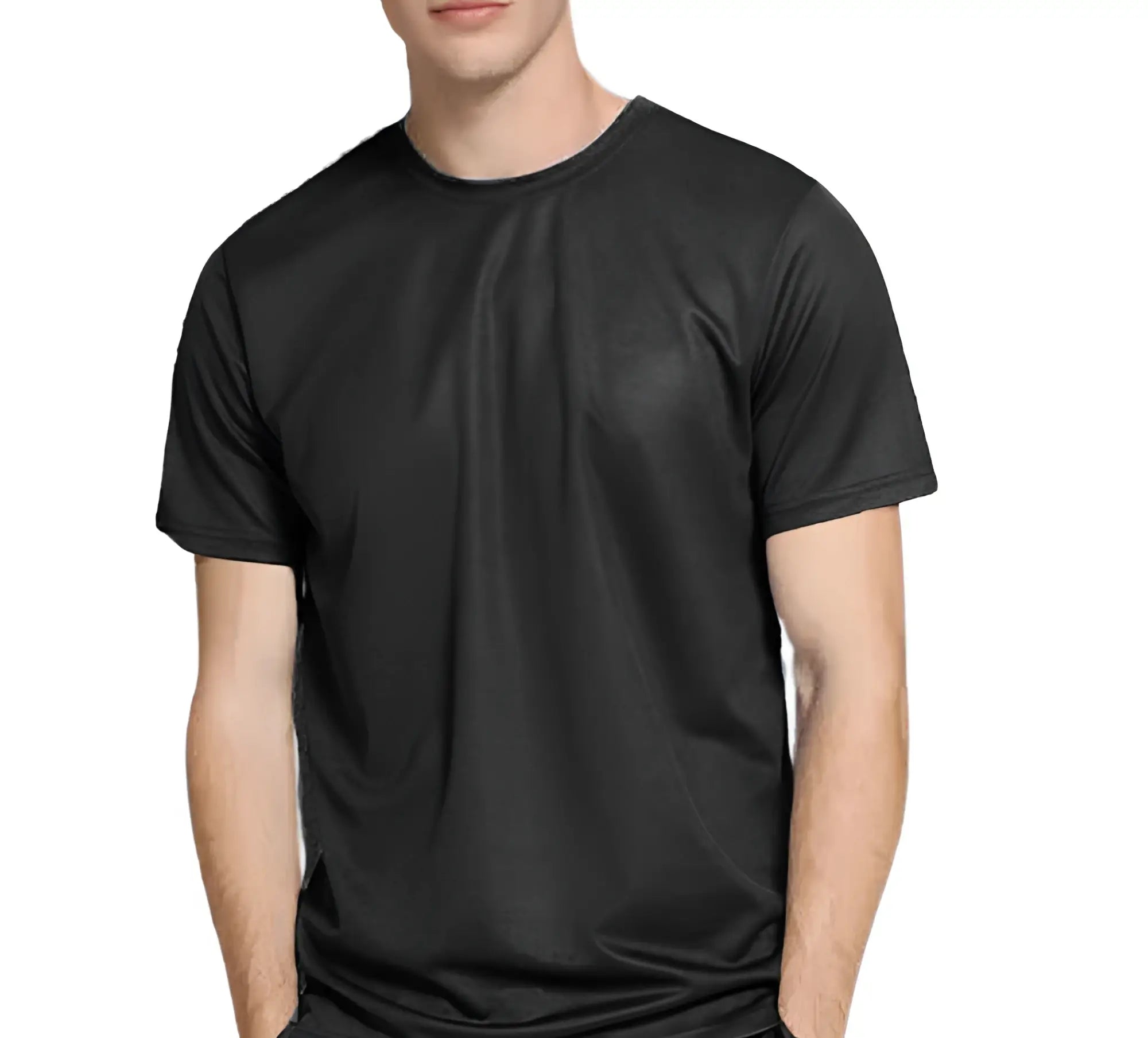 Black short-sleeved crew neck t-shirt made of smooth lightweight nylon fabric for active underwear use