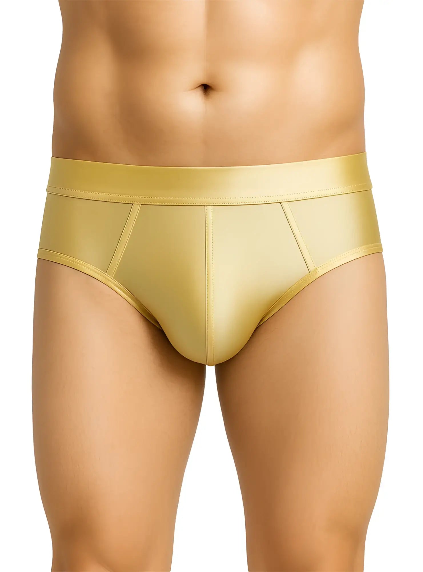 Gold satin nylon luxury brief with smooth shiny finish and tailored fit visible from the front side