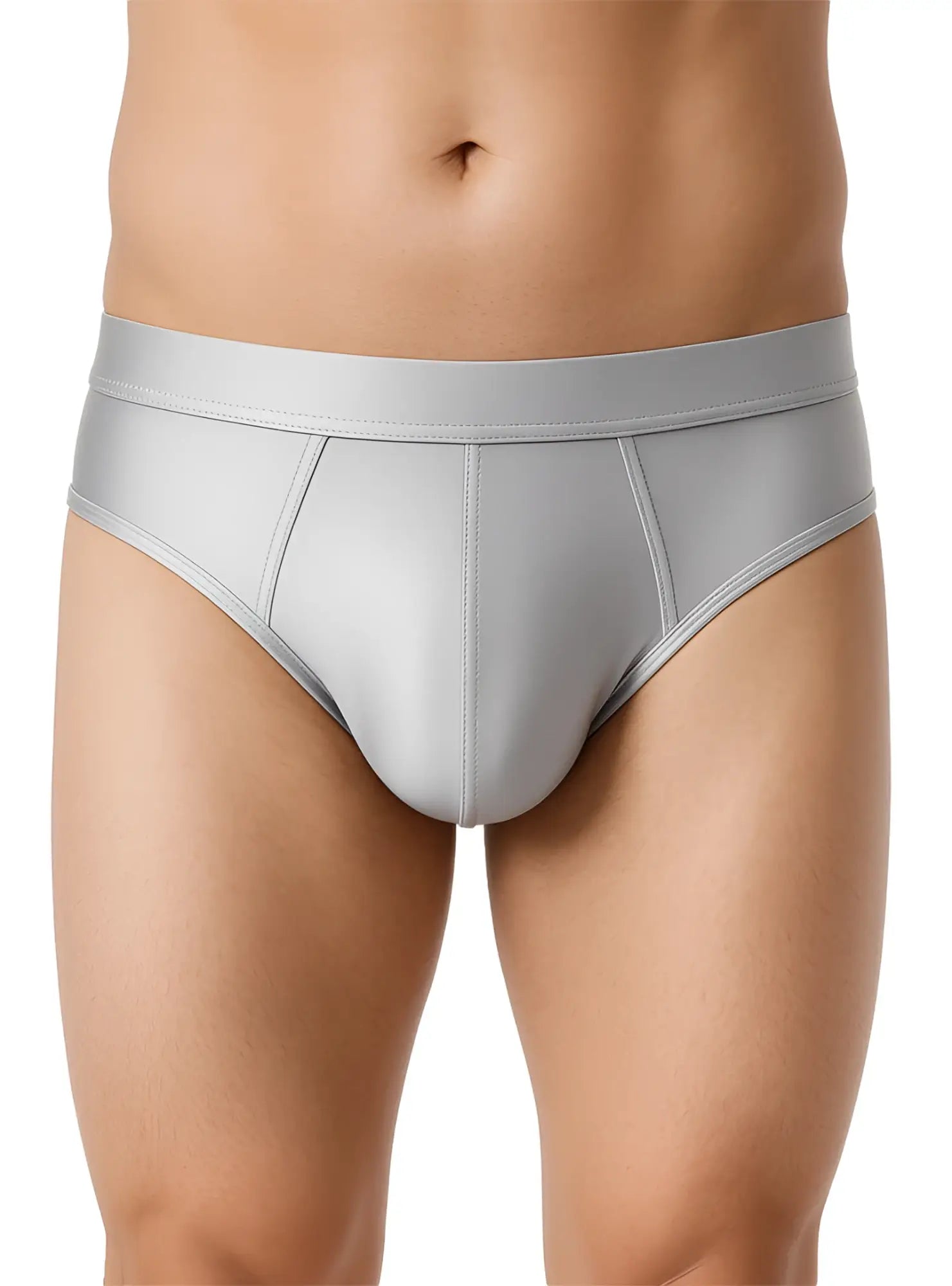 Gray nylon luxury brief with smooth form-fitting design and subtle stitching details for men