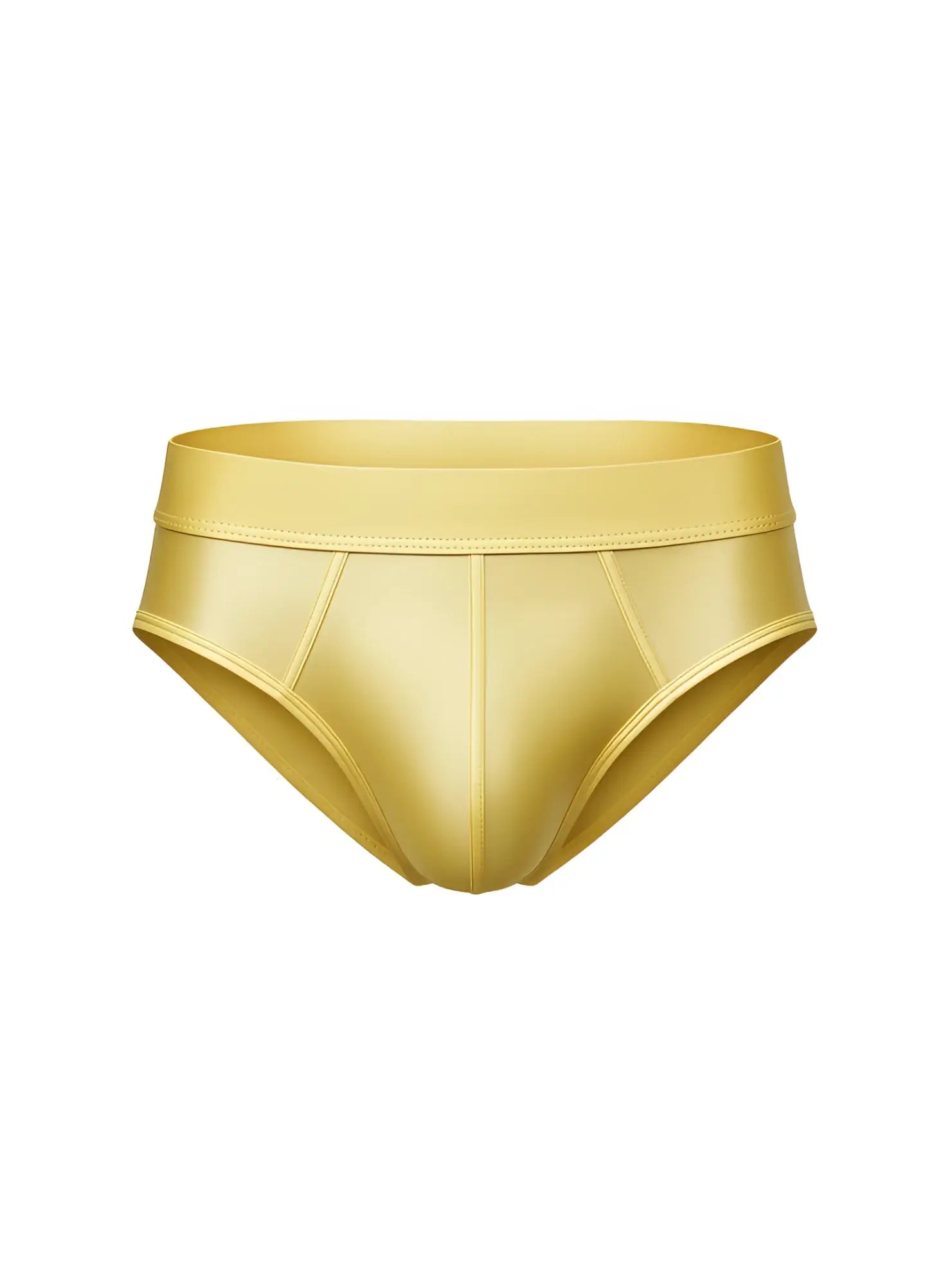 A sleek metallic gold nylon luxury brief with smooth glossy finish and subtle seam detailing