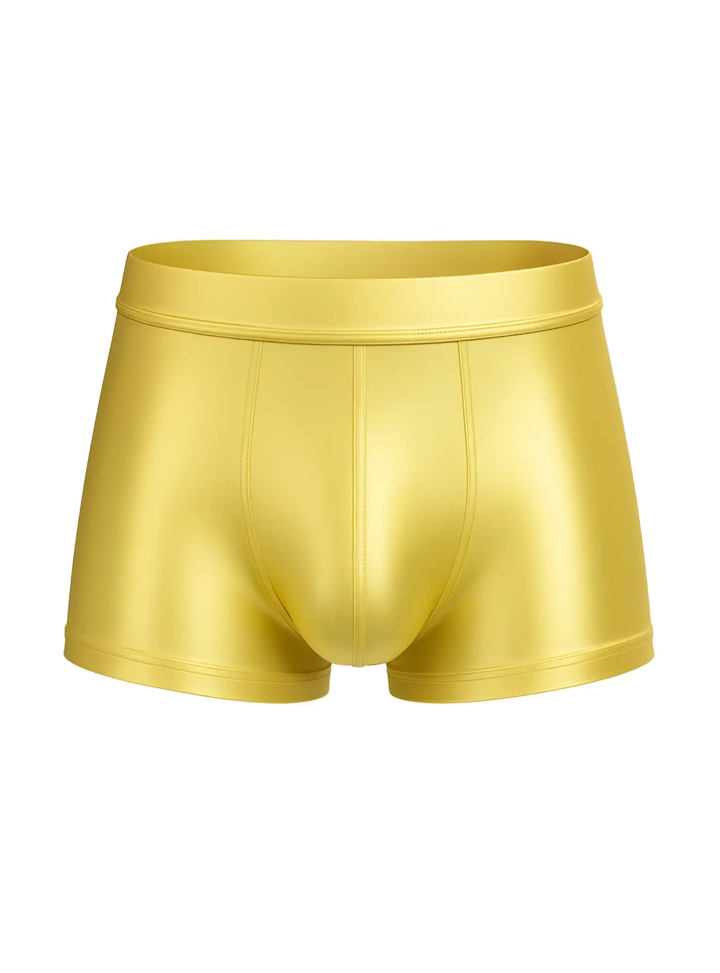 Shiny gold metallic nylon luxury trunk briefs with smooth reflective surface and snug fitting design