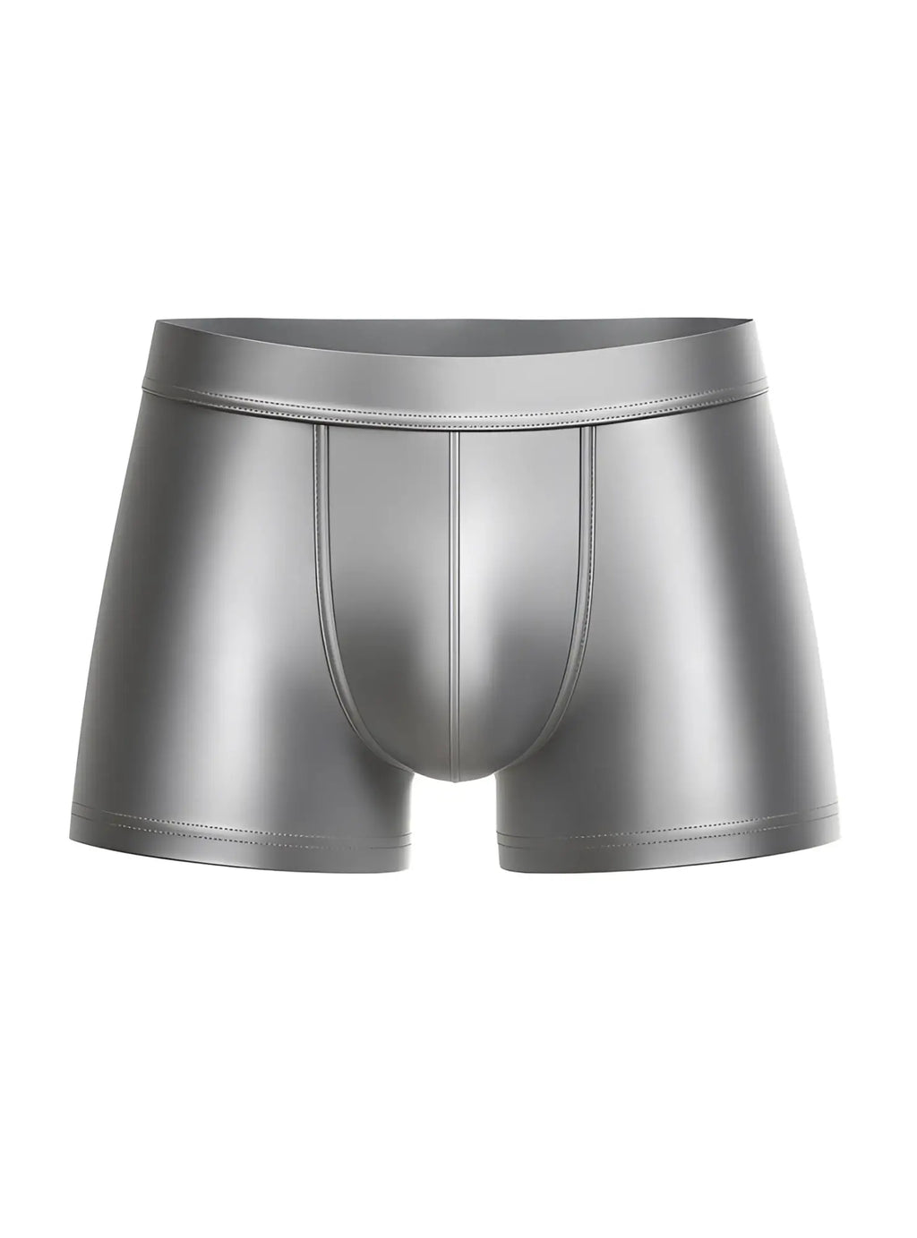 Shiny metallic silver nylon luxury trunk briefs with sleek form fitting design and subtle stitching details