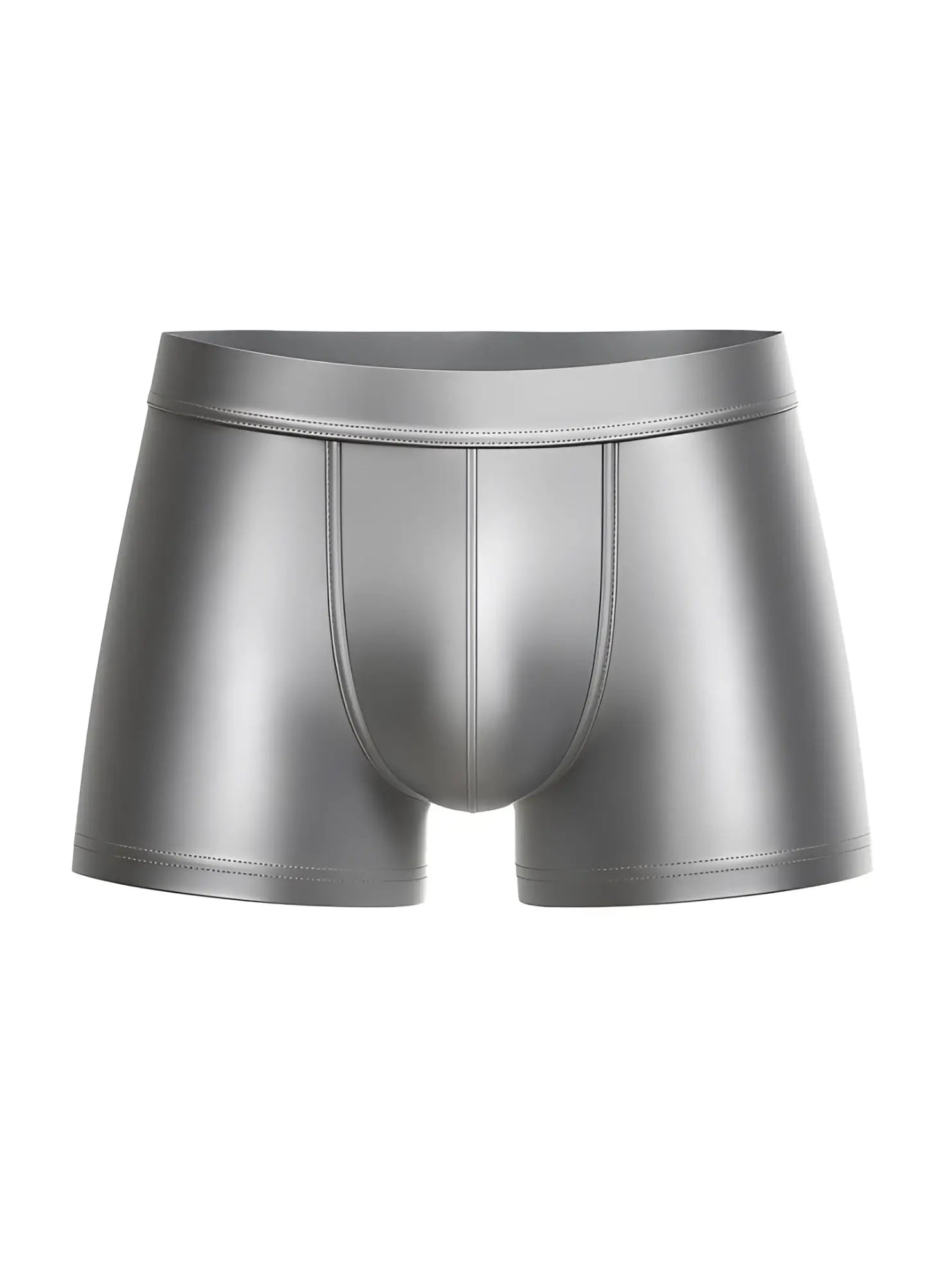 Shiny metallic silver nylon luxury trunk briefs with sleek form fitting design and subtle stitching details