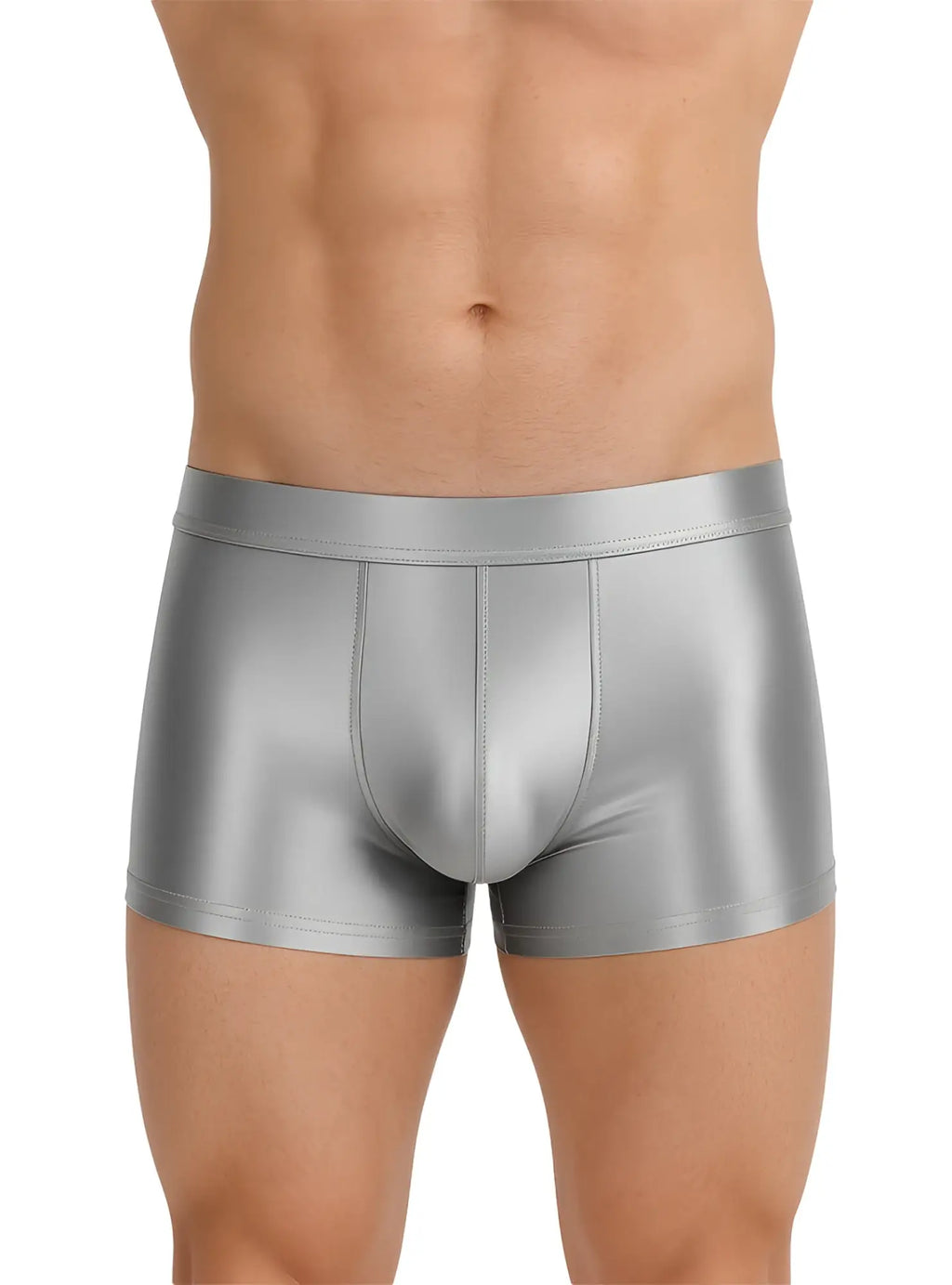 Shiny silver nylon luxury trunk briefs with smooth sleek design and snug fit
