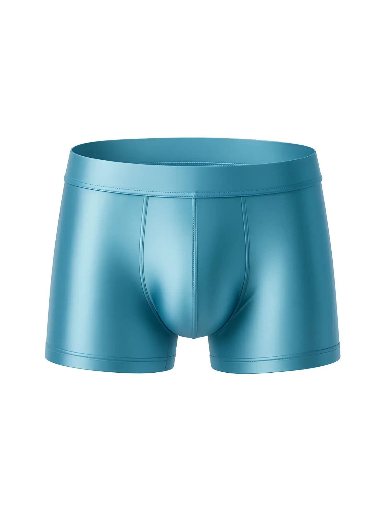 Teal shiny faux leather nylon luxury trunk boxer briefs with smooth sleek design visible from front side