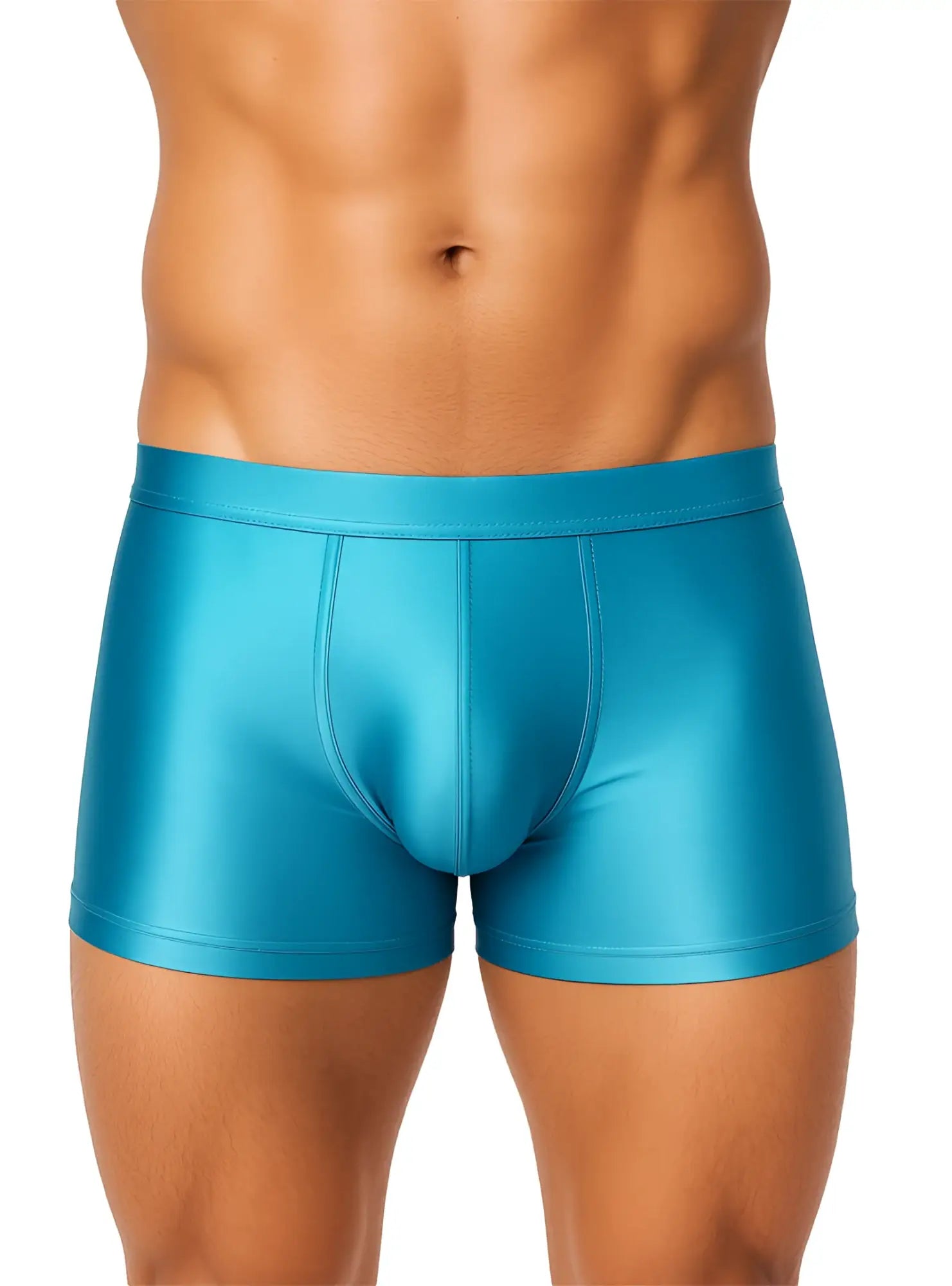 Turquoise metallic nylon luxury trunk briefs with sleek form-fitting design