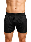 Black nylon tricot boxer shorts with smooth shiny fabric and elastic waistband for athletic use
