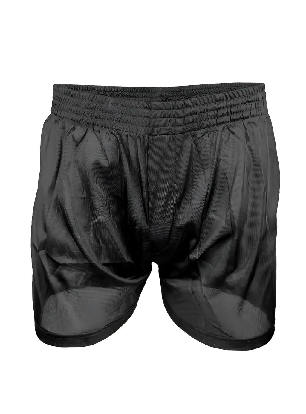 Black nylon tricot boxer shorts with textured shiny fabric and elastic waistband for athletic use