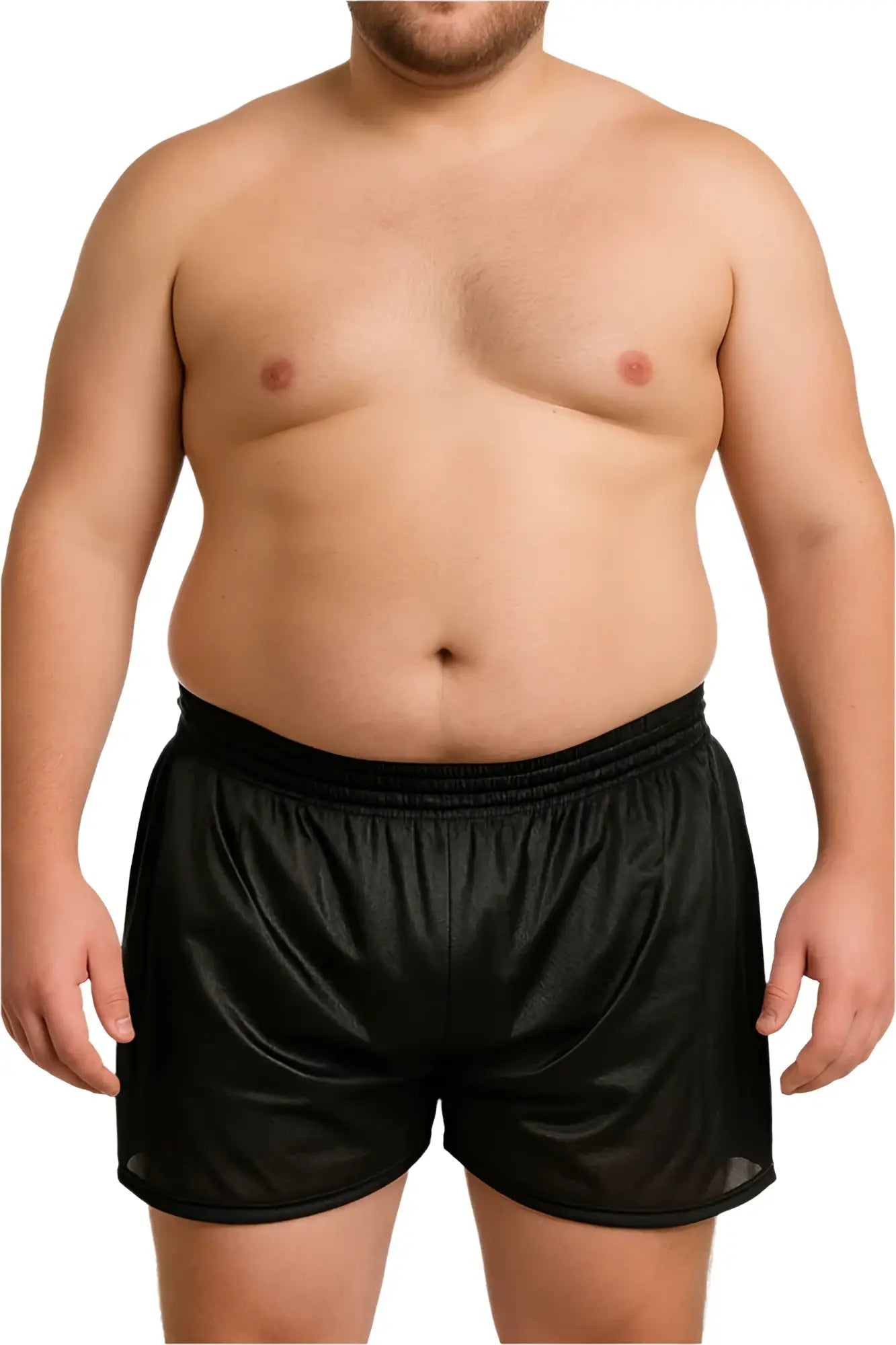 Black shiny nylon tricot boxer shorts with elastic waistband designed for athletic use