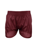 Maroon nylon tricot boxer shorts with elastic waistband and smooth shiny fabric for athletic use
