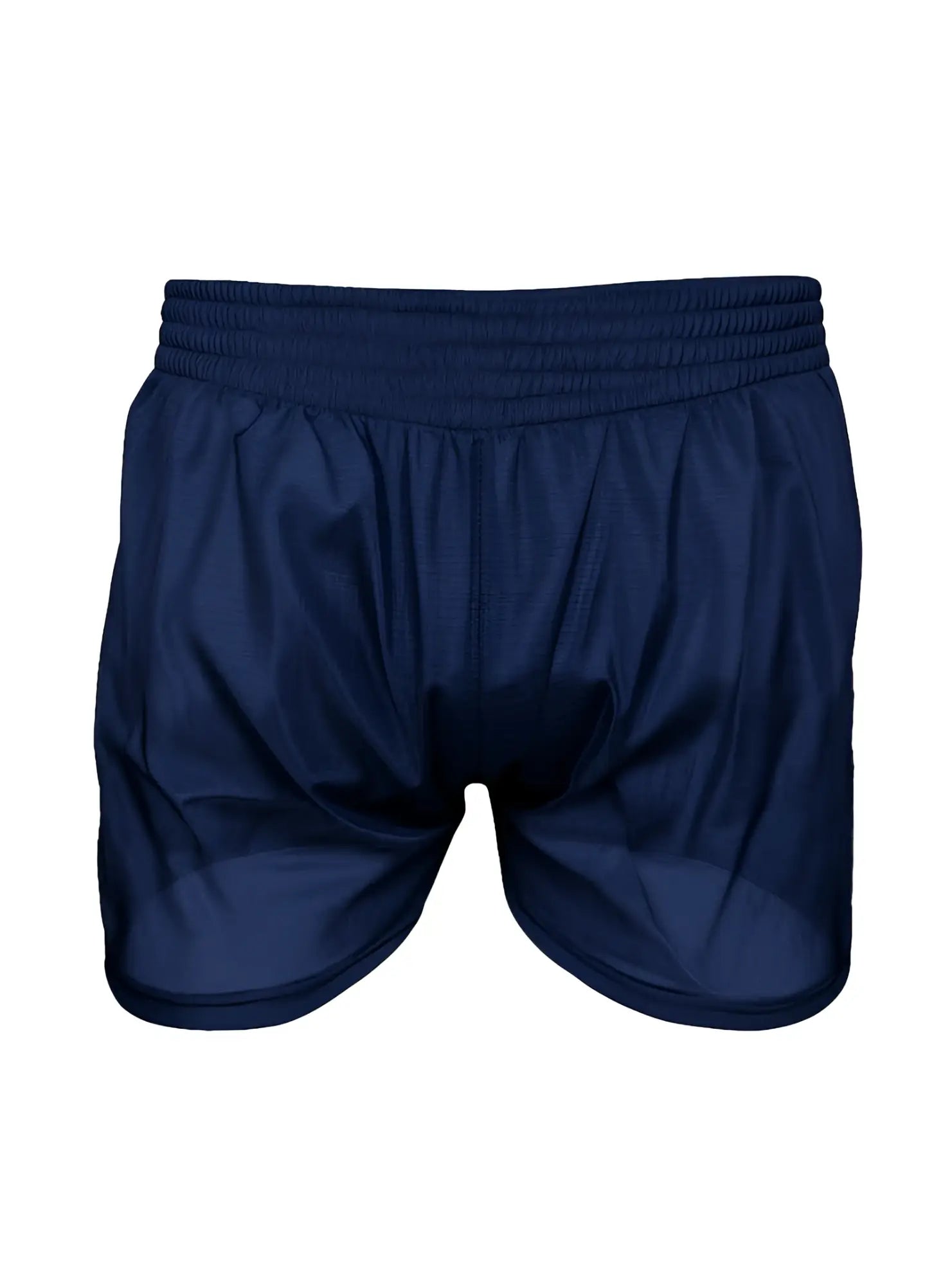 Navy blue nylon tricot boxer shorts with elastic waistband and smooth lightweight fabric finish for athletic use