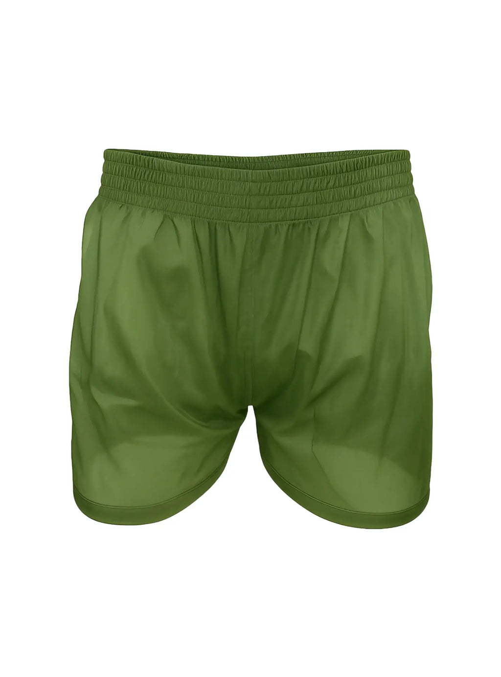 Olive green nylon tricot boxer shorts with elastic waistband made from lightweight smooth fabric for athletic use