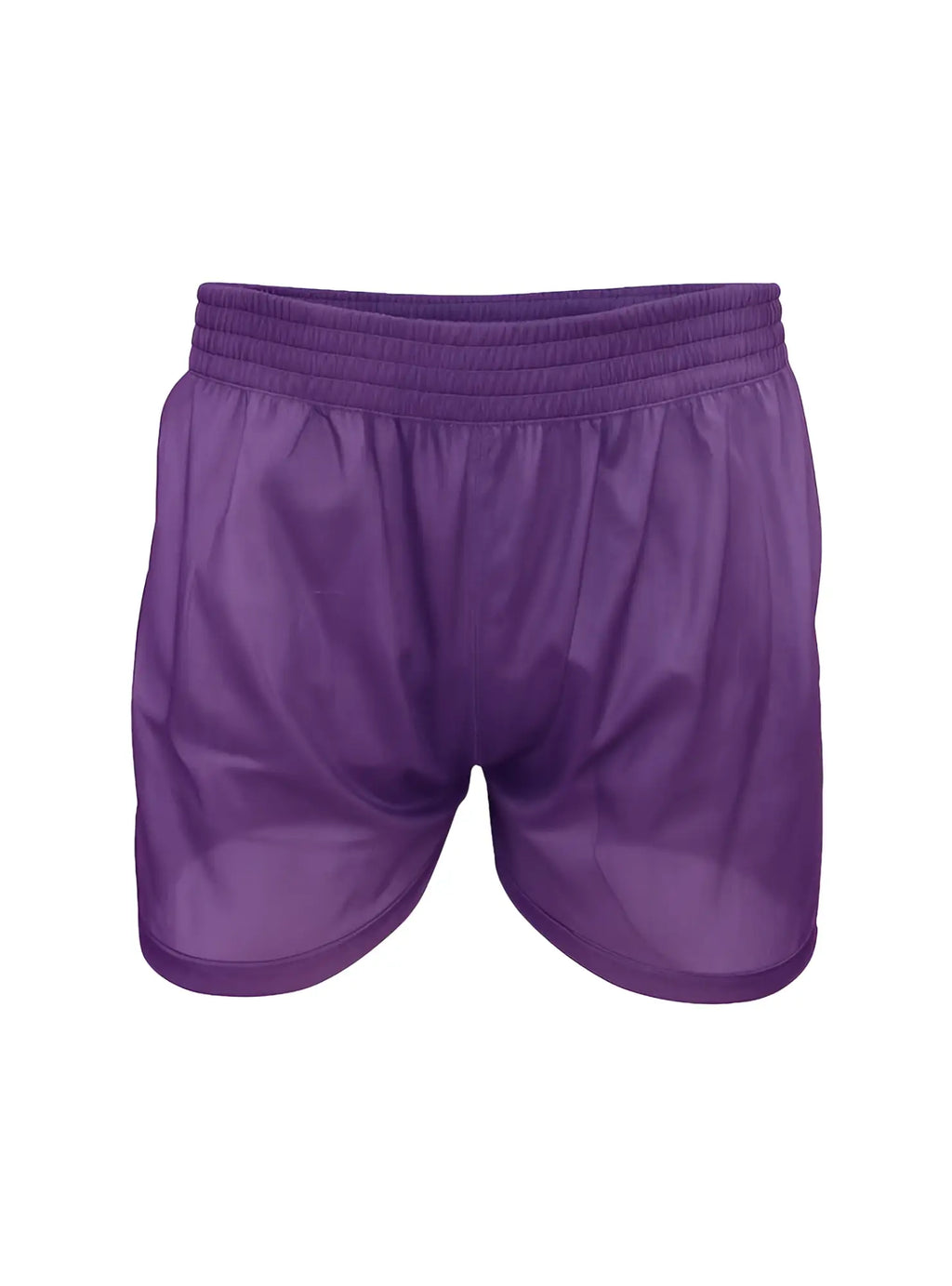 Purple nylon tricot boxer with elastic waistband and smooth shiny fabric for athletic use