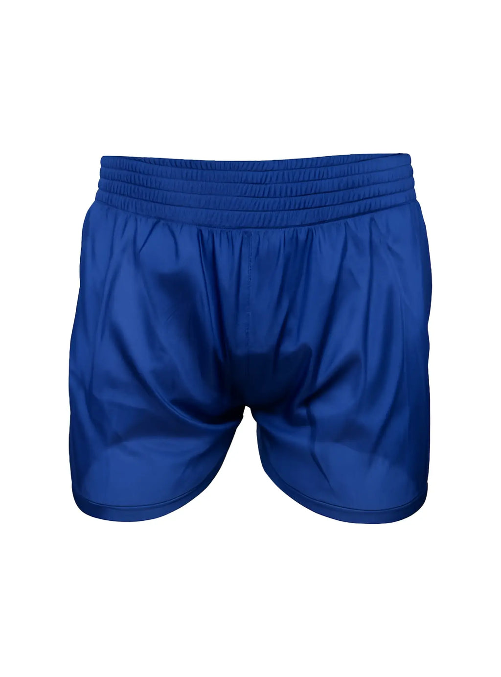 Royal blue nylon tricot boxer shorts with elastic waistband and smooth shiny fabric finish for athletic use