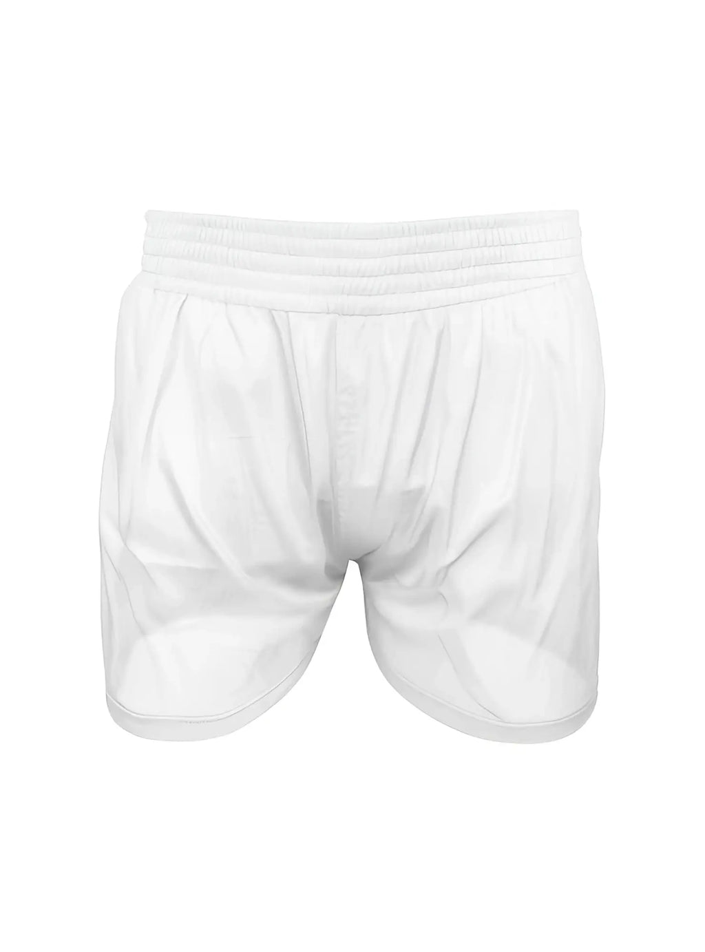 White nylon tricot boxer shorts with stretchy elastic waistband and smooth lightweight fabric