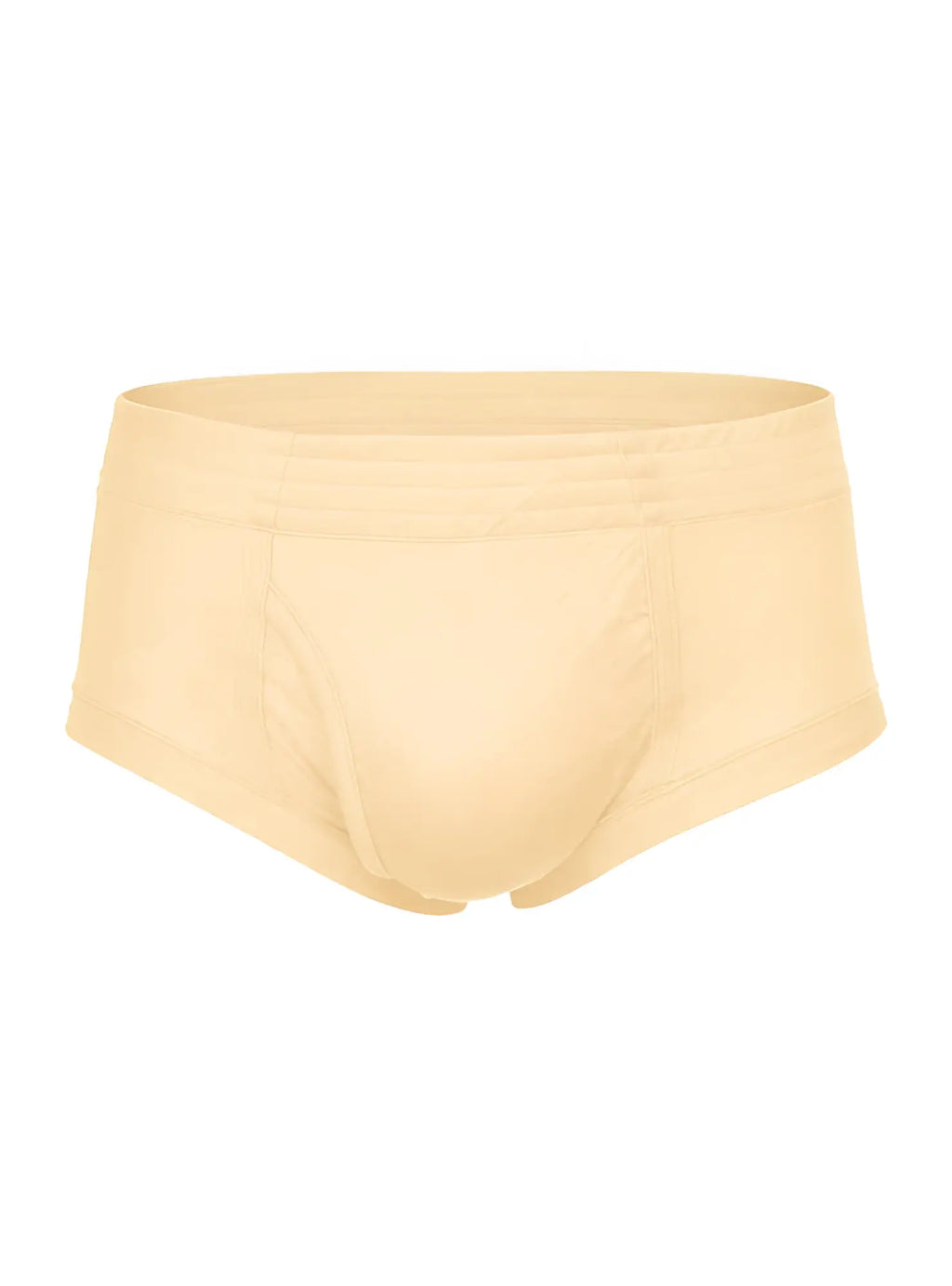 Beige nylon tricot brief featuring a smooth seamless design and elastic waistband for comfortable support