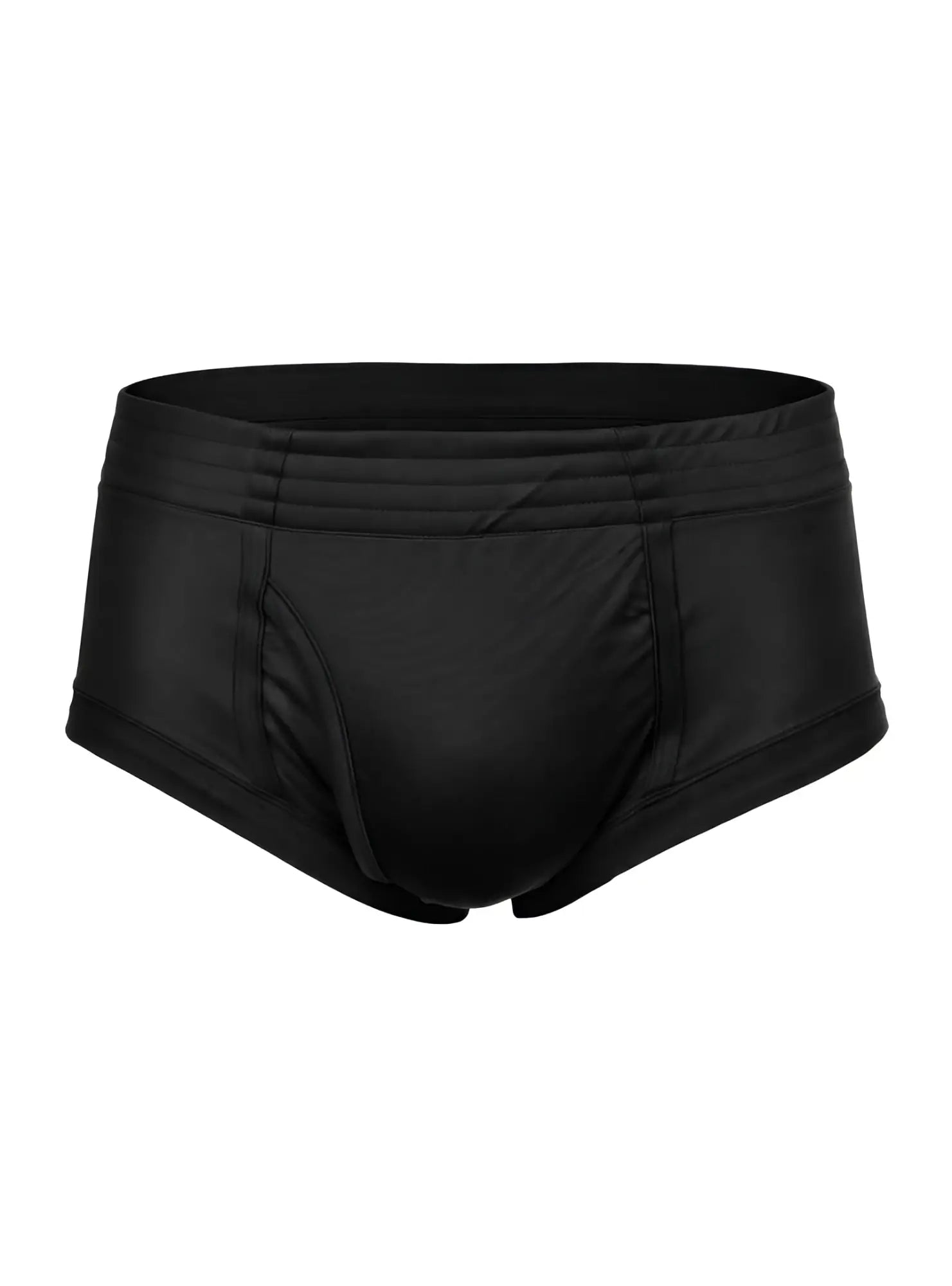 Black men’s nylon tricot brief swim trunks with smooth glossy fabric and contoured design visible from the back
