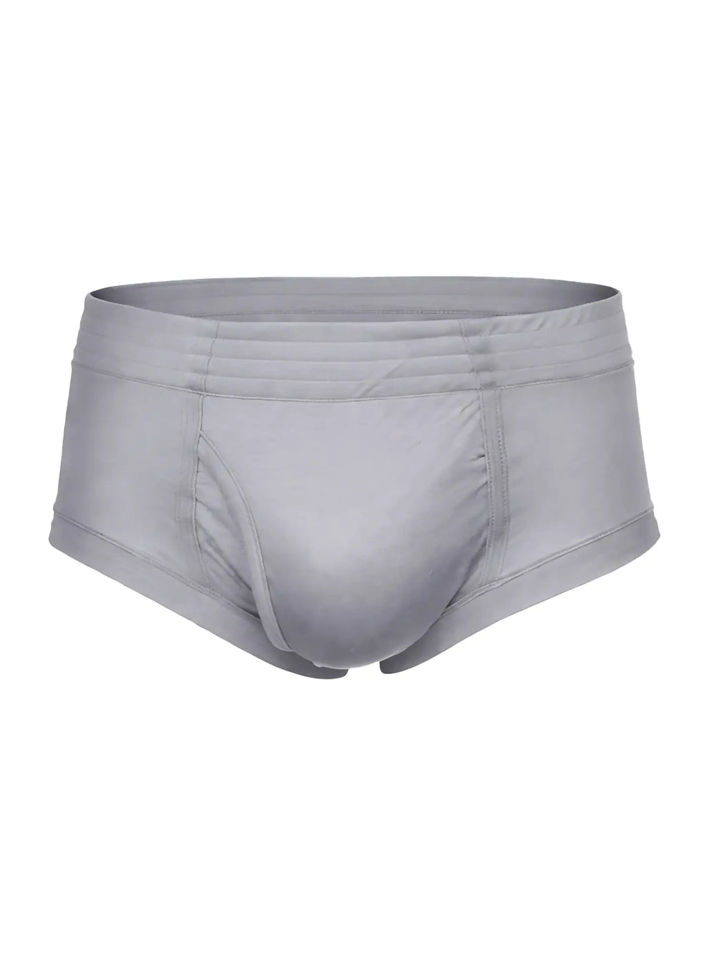 Gray nylon tricot men’s briefs with smooth form-fitting fabric and subtle stitching details visible from the front
