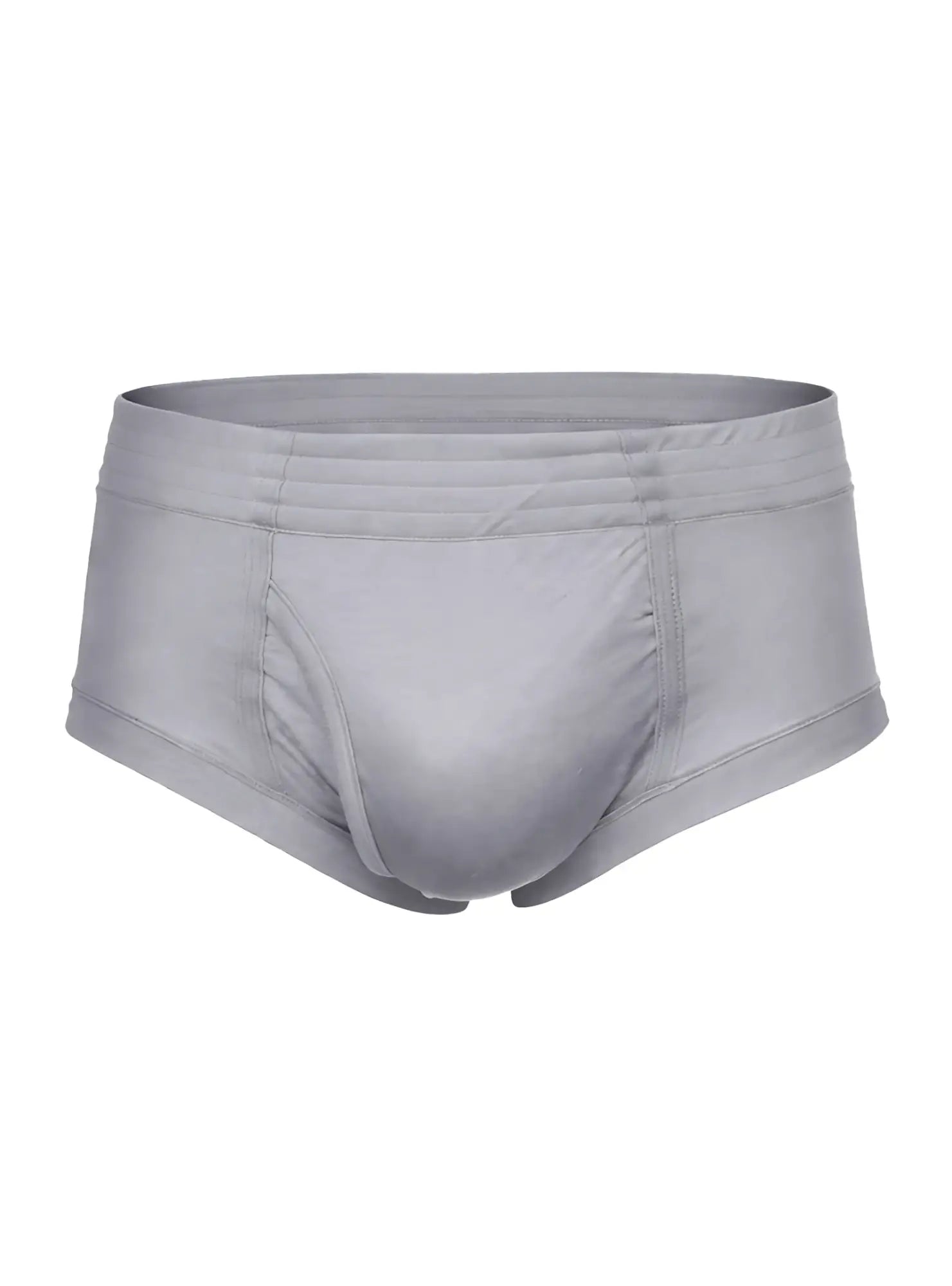 Gray nylon tricot men’s briefs with smooth form-fitting fabric and subtle stitching details visible from the front