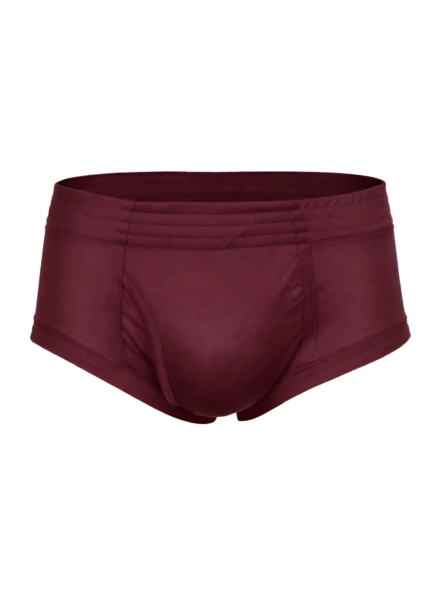 Maroon nylon tricot brief with smooth stretchy fabric and elastic waistband shown from the back side