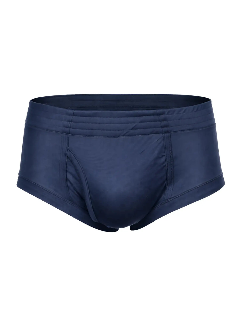 Navy blue nylon tricot brief for men featuring smooth stretchy fabric and a contoured design