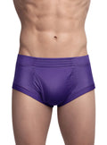 Purple men’s nylon tricot brief featuring a smooth shiny fabric and contoured design