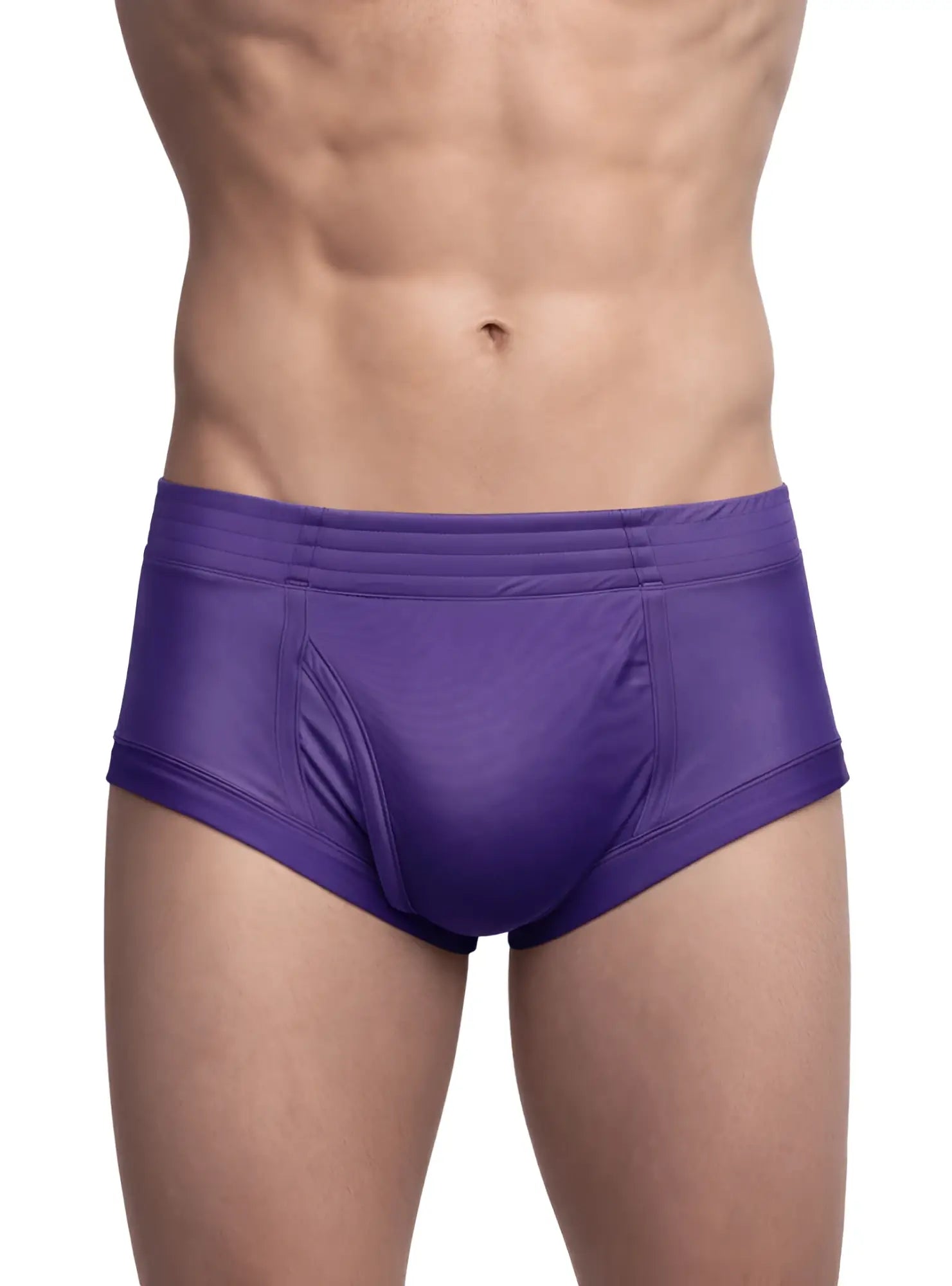 Purple men’s nylon tricot brief featuring a smooth shiny fabric and contoured design