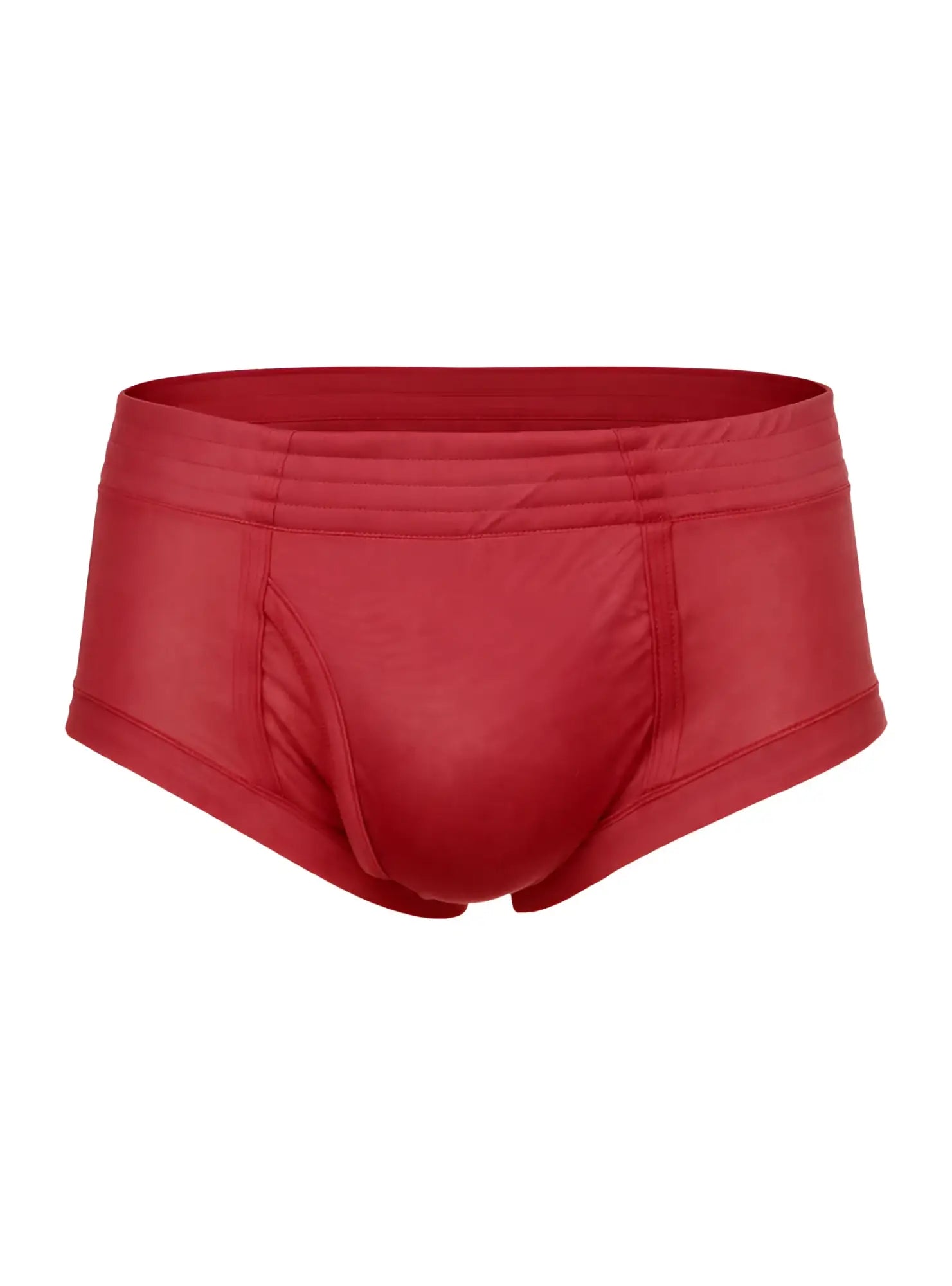 Red satin nylon tricot briefs with a smooth glossy finish and subtle horizontal stitching on the waistband