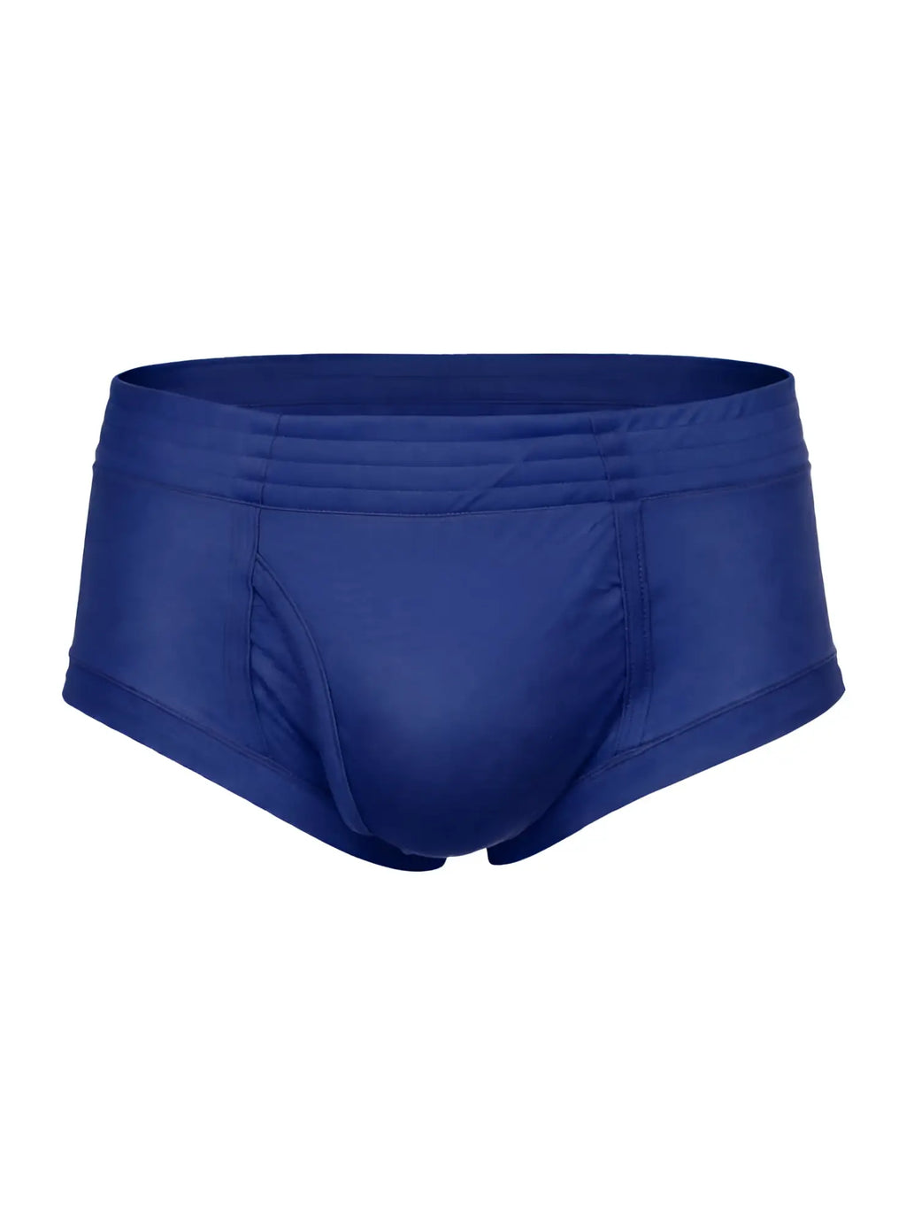 Royal blue nylon tricot brief swim trunks with smooth stretchy fabric and contoured design