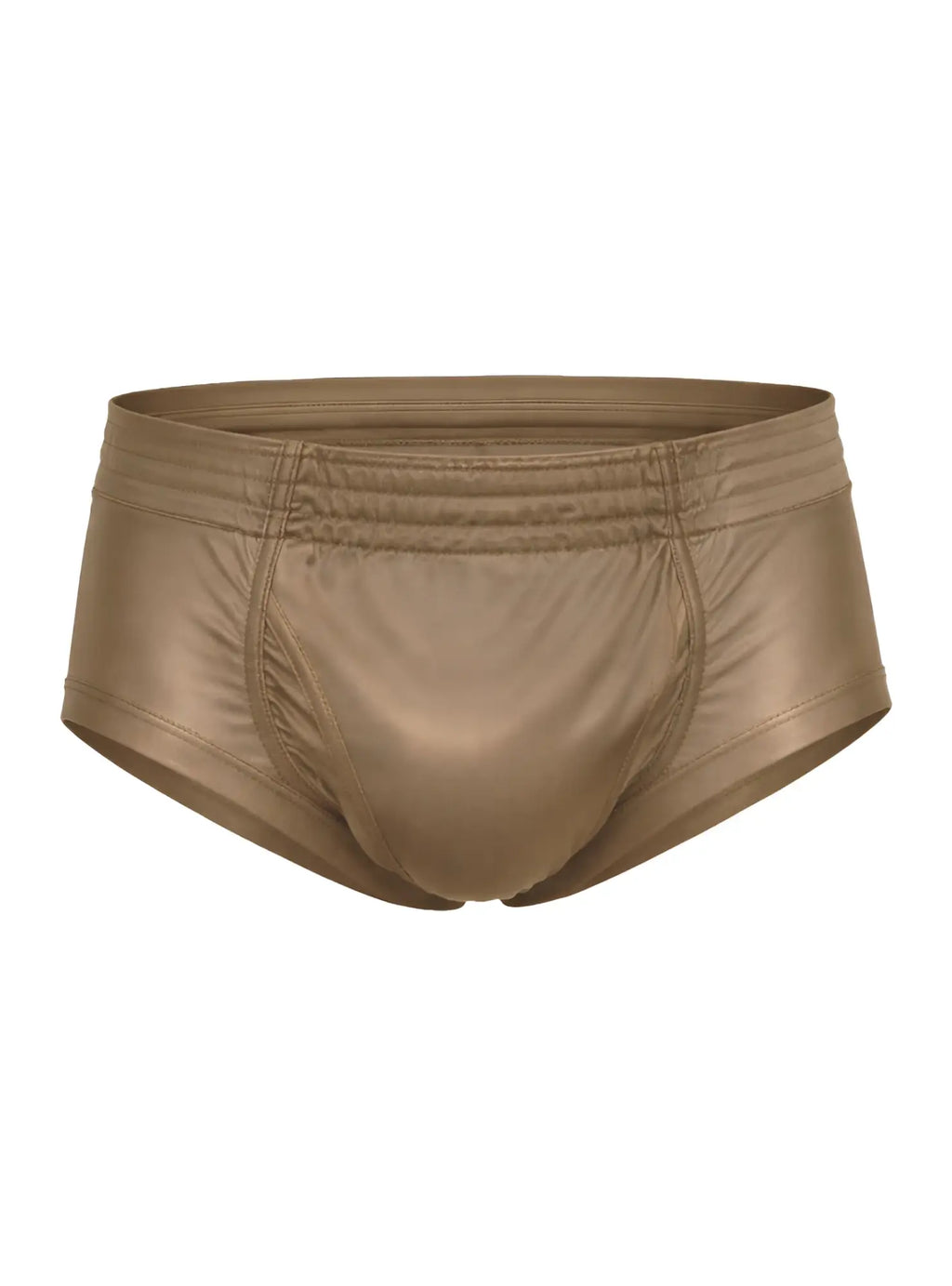 Tan metallic nylon tricot brief with sleek shiny finish and elastic waistband