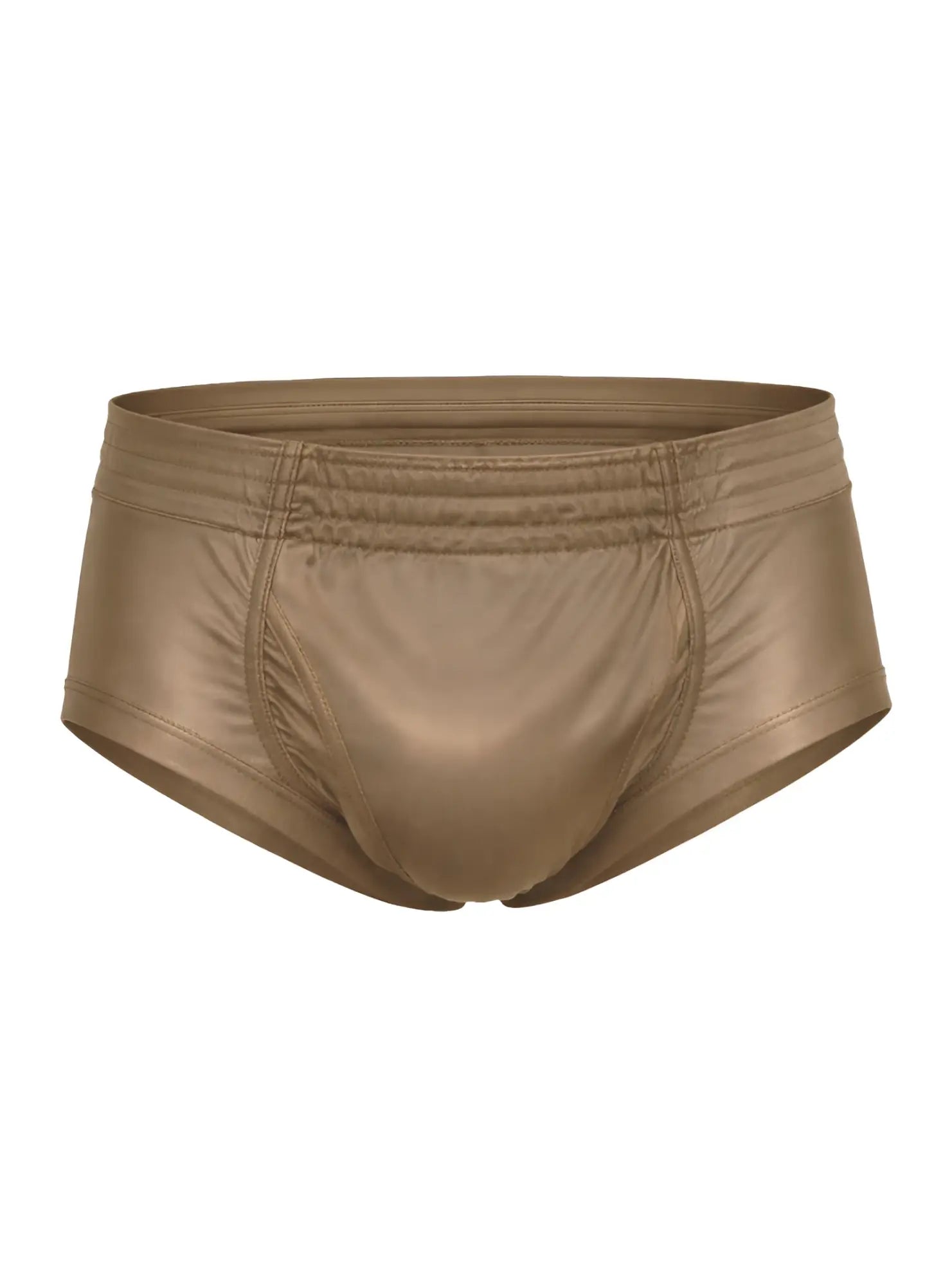 Tan metallic nylon tricot brief with sleek shiny finish and elastic waistband