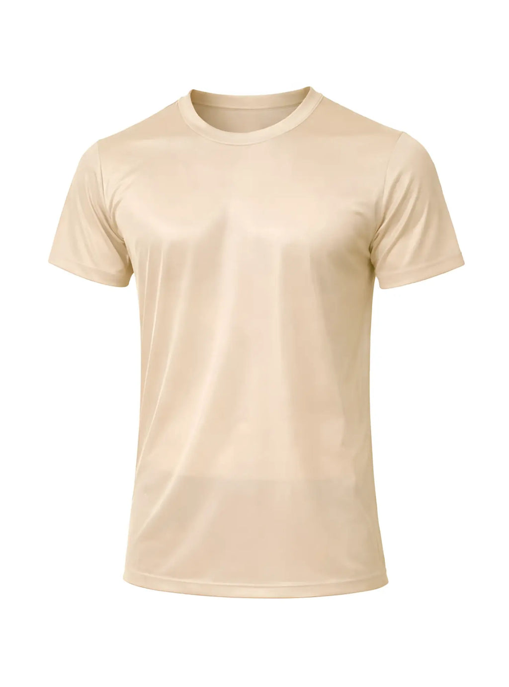 Beige nylon tricot crew neck t-shirt with short sleeves made of smooth lightweight fabric