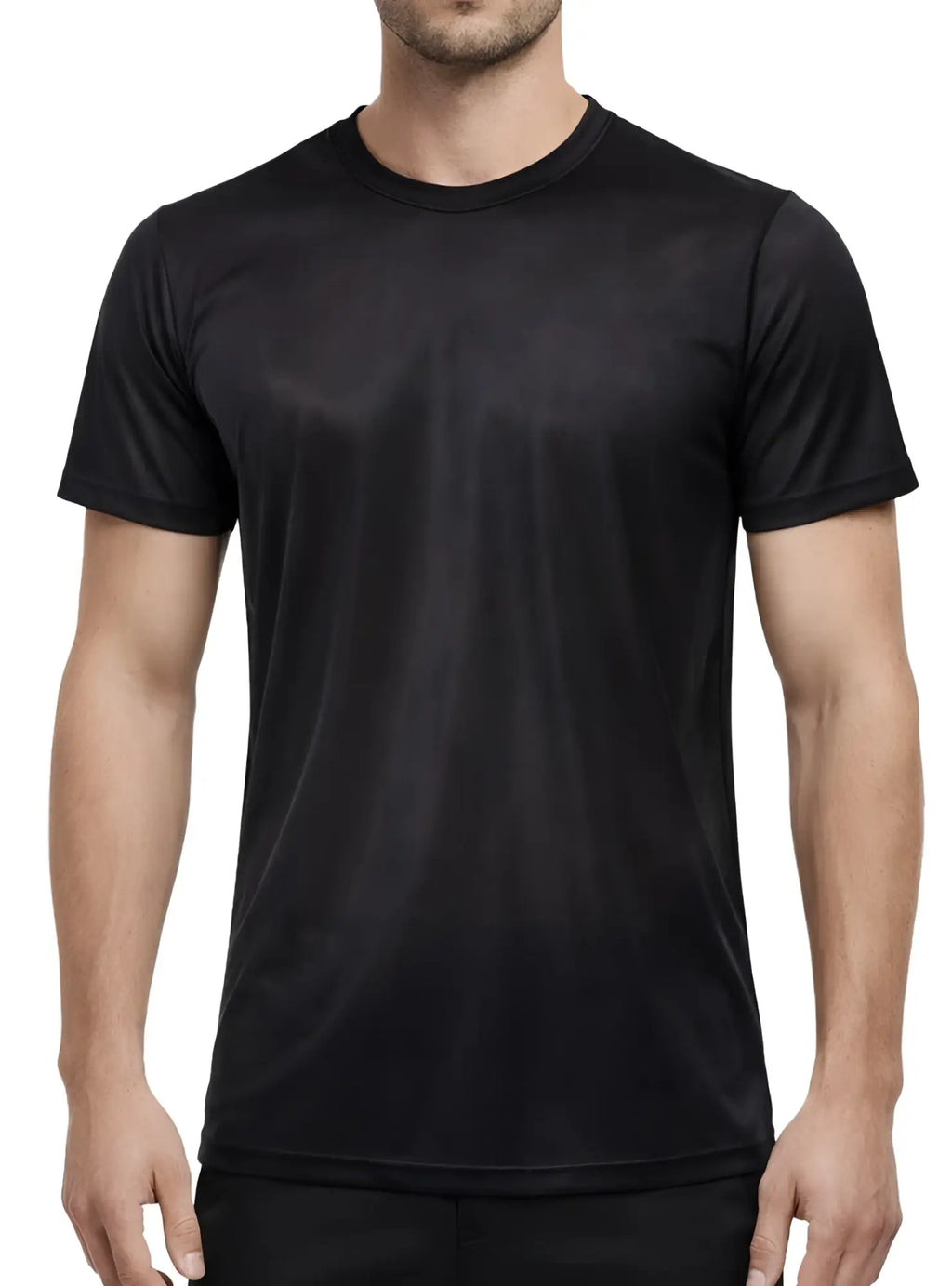 Black nylon tricot crew neck t-shirt with short sleeves and smooth slightly shiny fabric front view