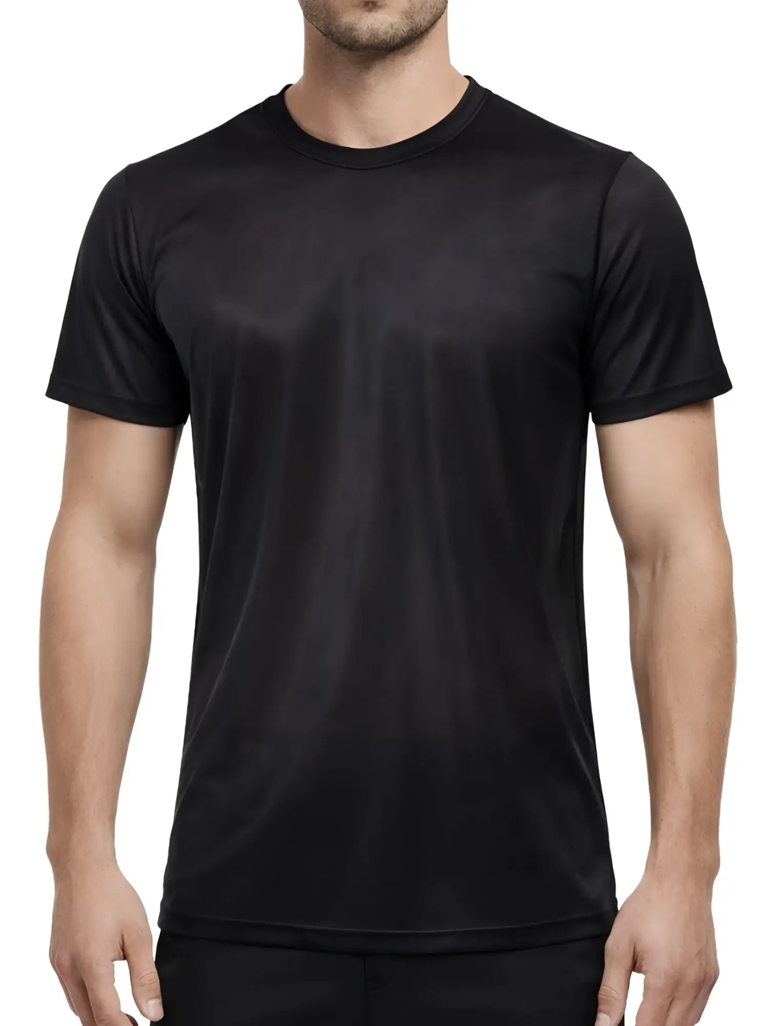 Black nylon tricot crew neck t-shirt with short sleeves and smooth slightly shiny fabric front view