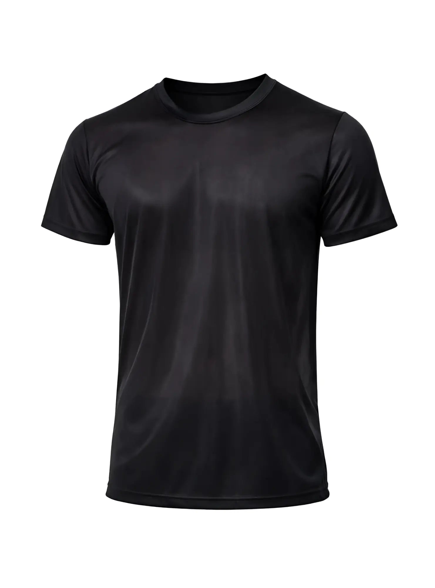 Black short-sleeved nylon tricot crew neck t-shirt made of smooth performance fabric for athletic use
