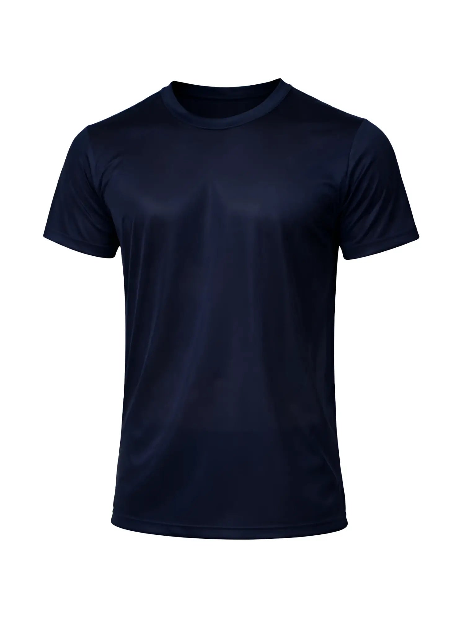 A navy blue nylon tricot crew neck t-shirt made of smooth lightweight fabric with short sleeves