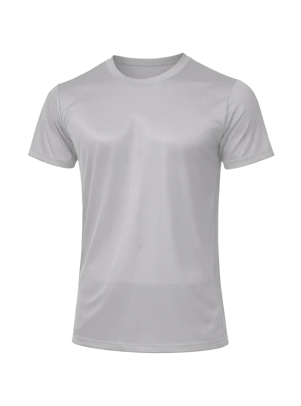 A plain white nylon tricot crew neck t-shirt with short sleeves made of smooth lightweight fabric