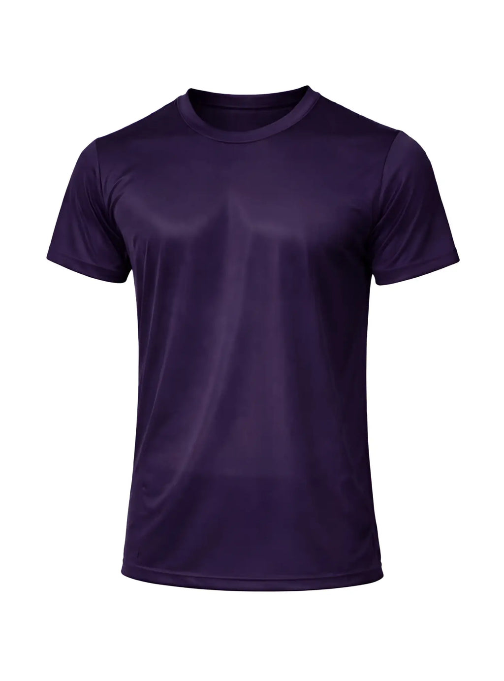 A solid purple nylon tricot crew neck t-shirt with short sleeves and smooth slightly shiny fabric