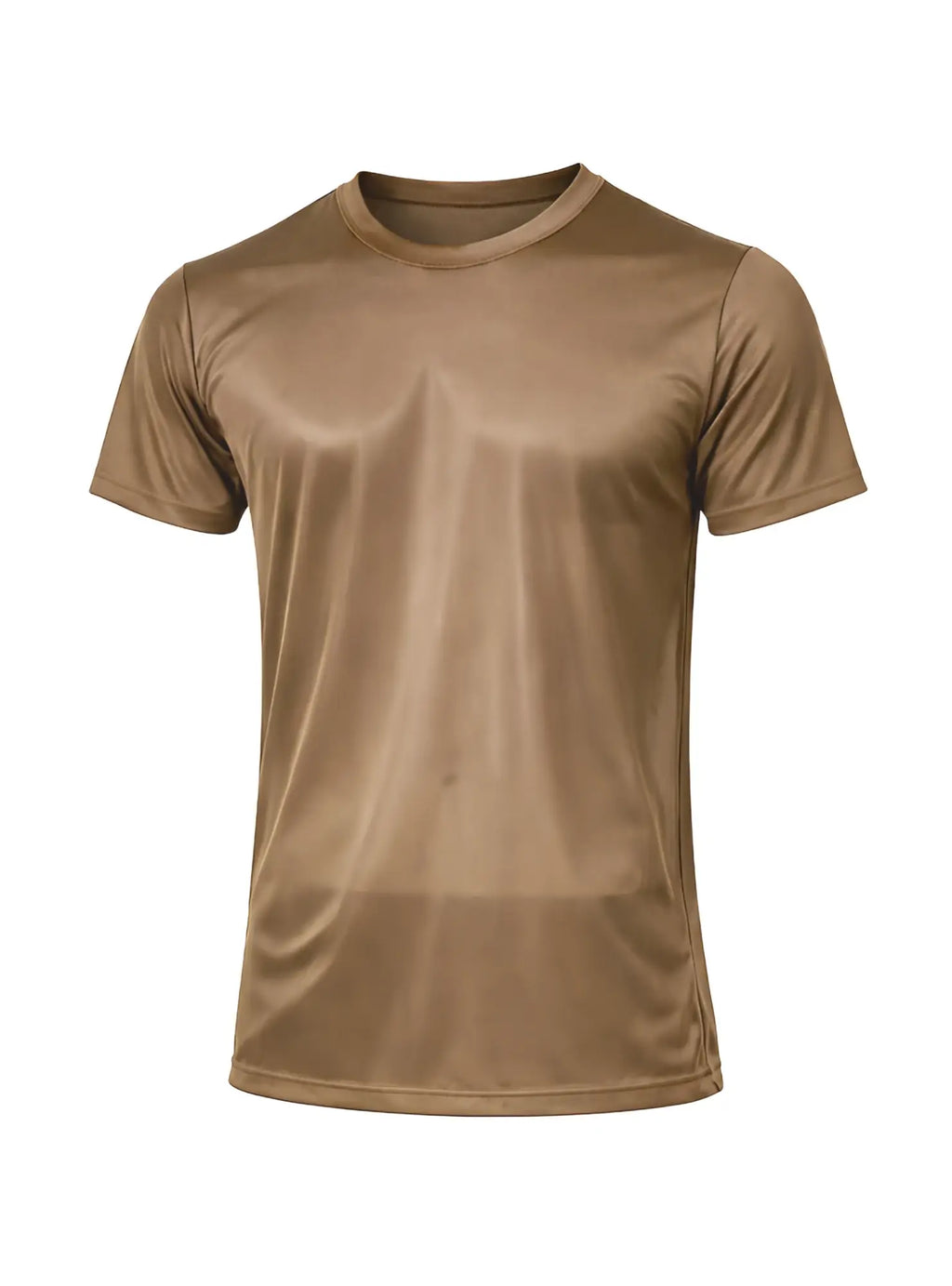 Tan short-sleeved nylon tricot crew neck t-shirt with smooth moisture-wicking fabric for performance use