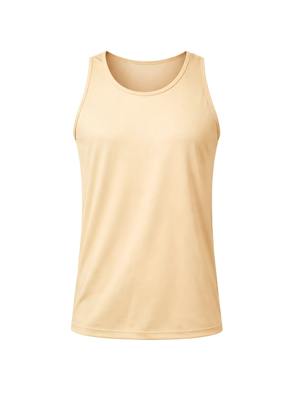 Beige nylon tricot sleeveless tank top with round neckline made of smooth lightweight fabric for athletic use