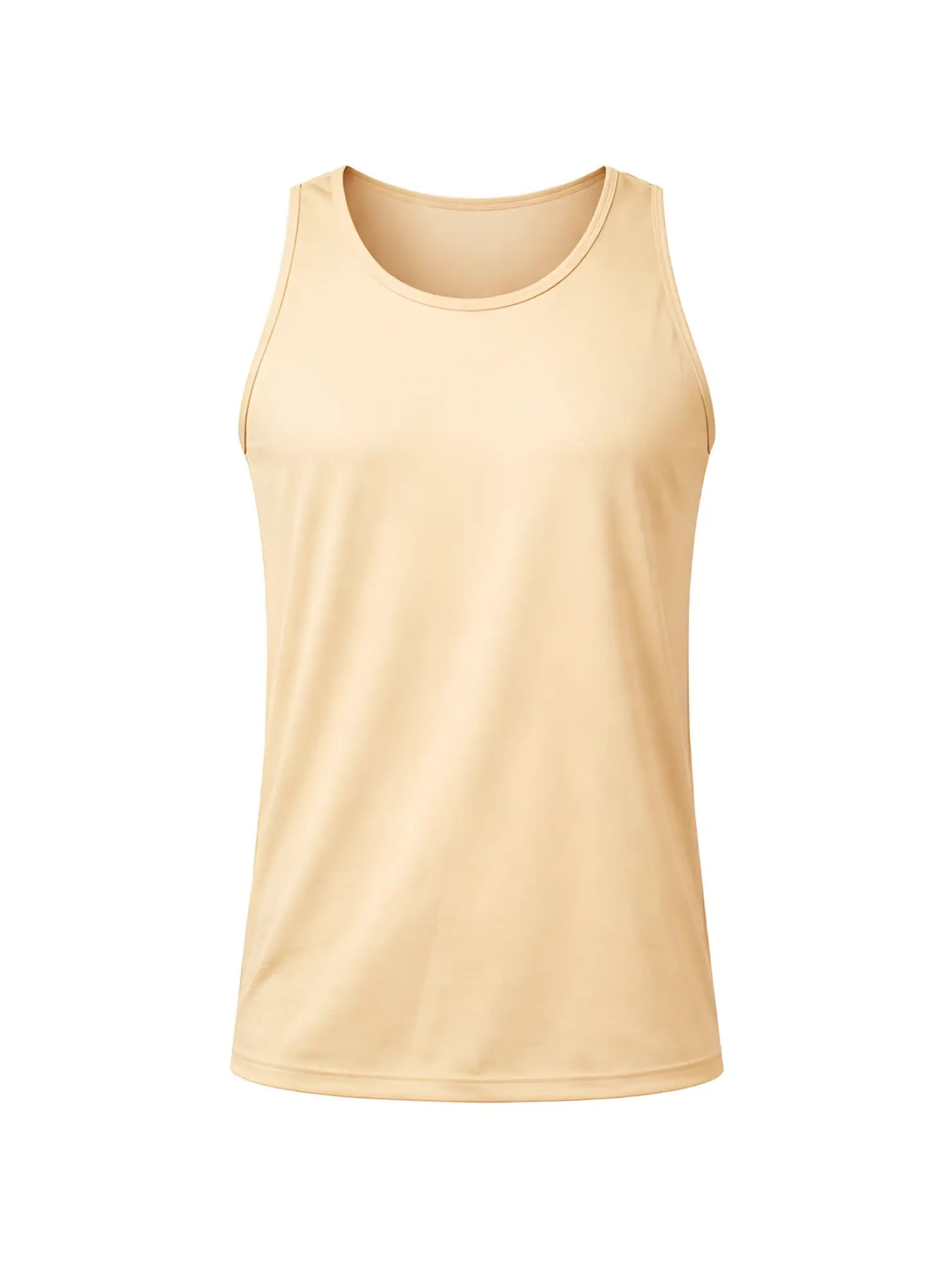 Beige nylon tricot sleeveless tank top with round neckline made of smooth lightweight fabric for athletic use