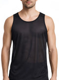 Black mesh nylon tricot tank top with round neckline and seamless construction ideal for athletic wear