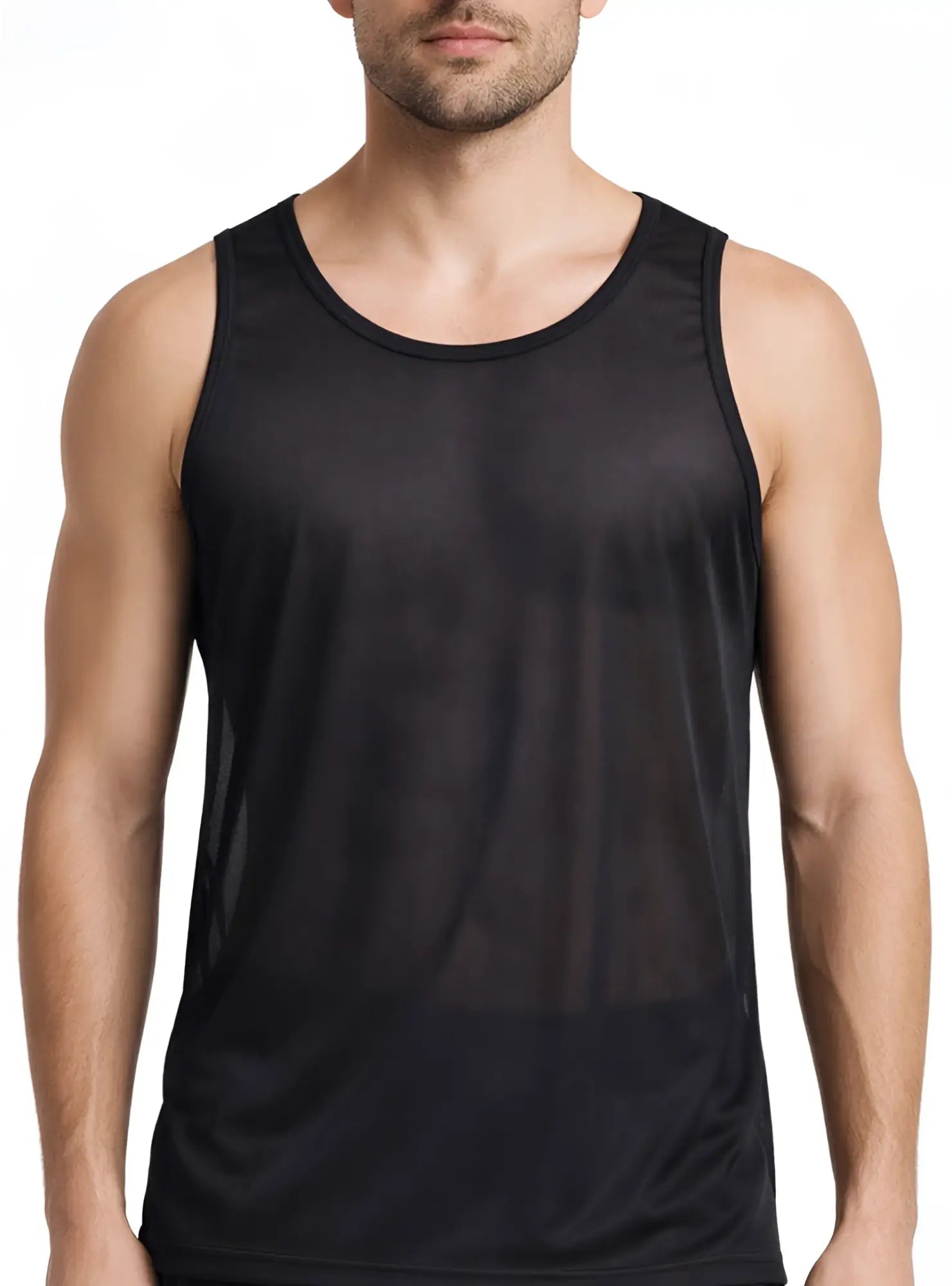 Black mesh nylon tricot tank top with round neckline and seamless construction ideal for athletic wear