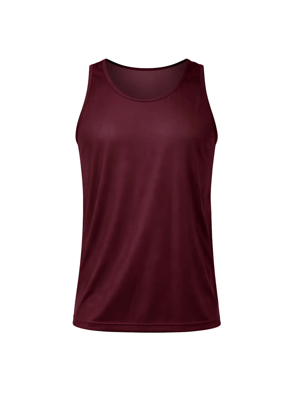 Maroon nylon tricot tank top with a smooth form-fitting design and subtle ribbed trim along the neckline
