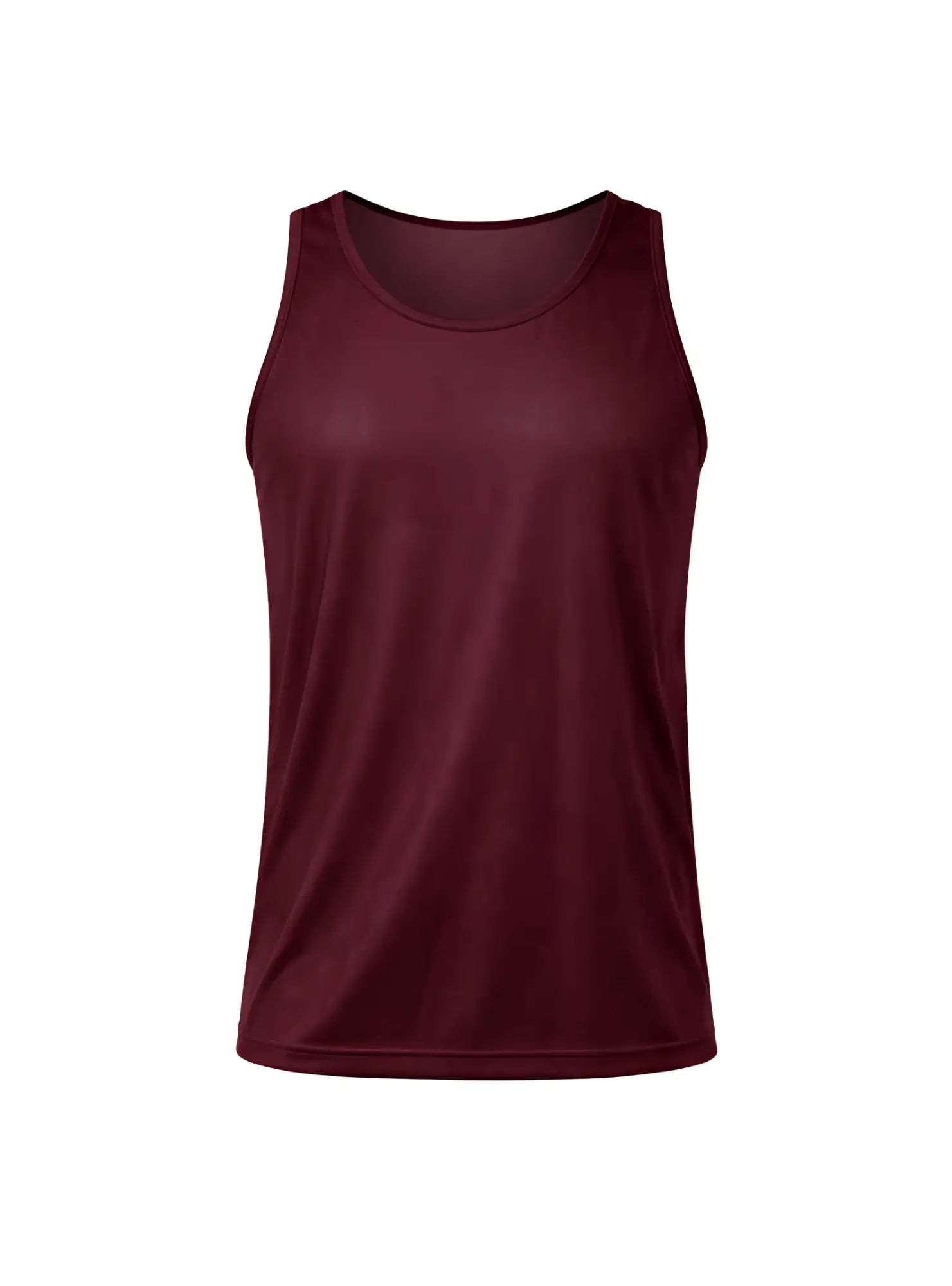 Maroon nylon tricot tank top with a smooth form-fitting design and subtle ribbed trim along the neckline