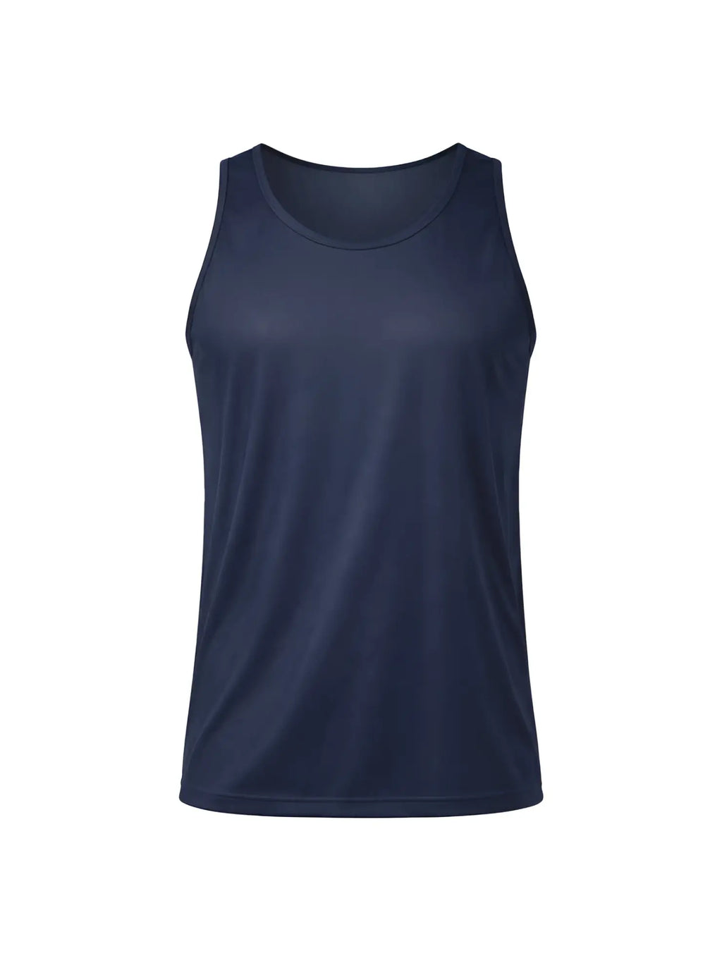 Navy blue sleeveless athletic tank top made of nylon tricot designed for sports and active wear